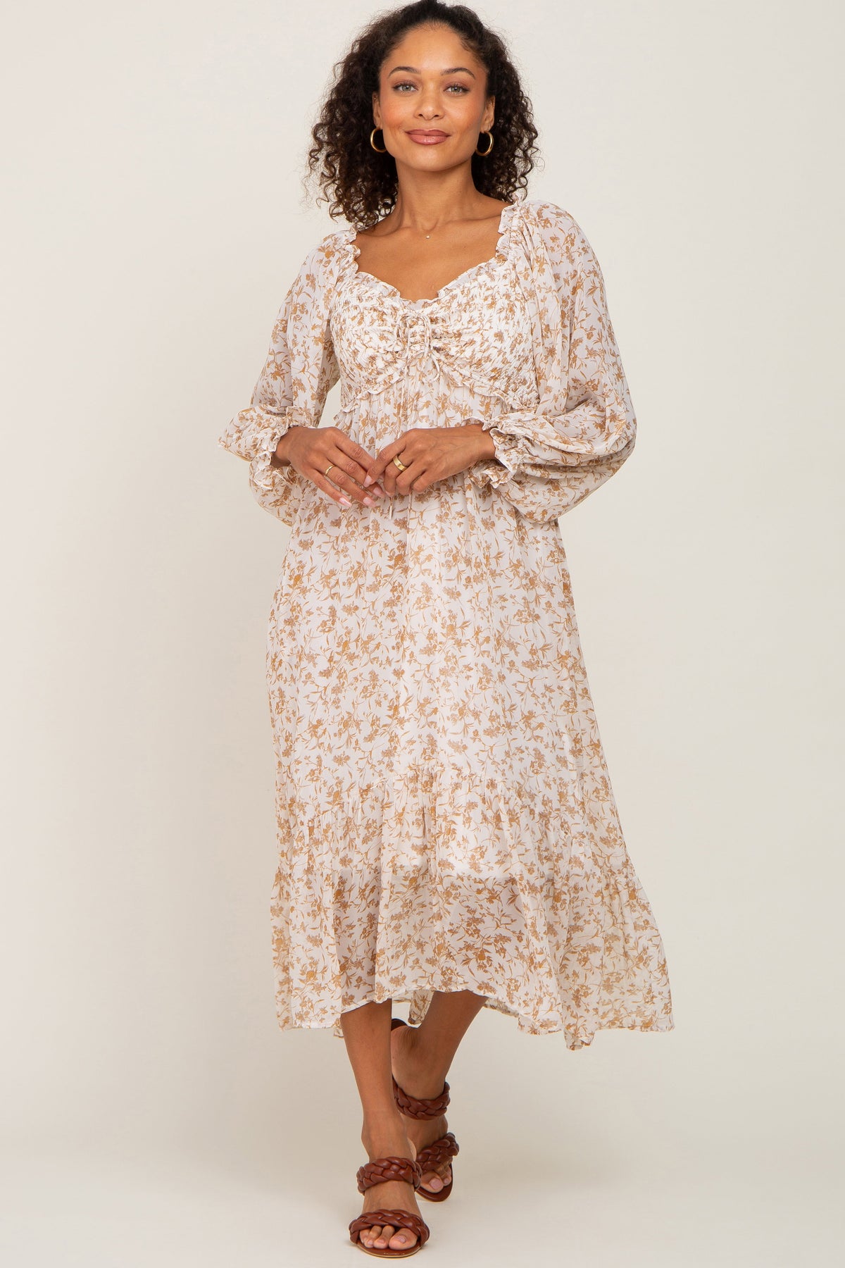 PinkBlush ivory floral chiffon ruffle maternity maxi dress.