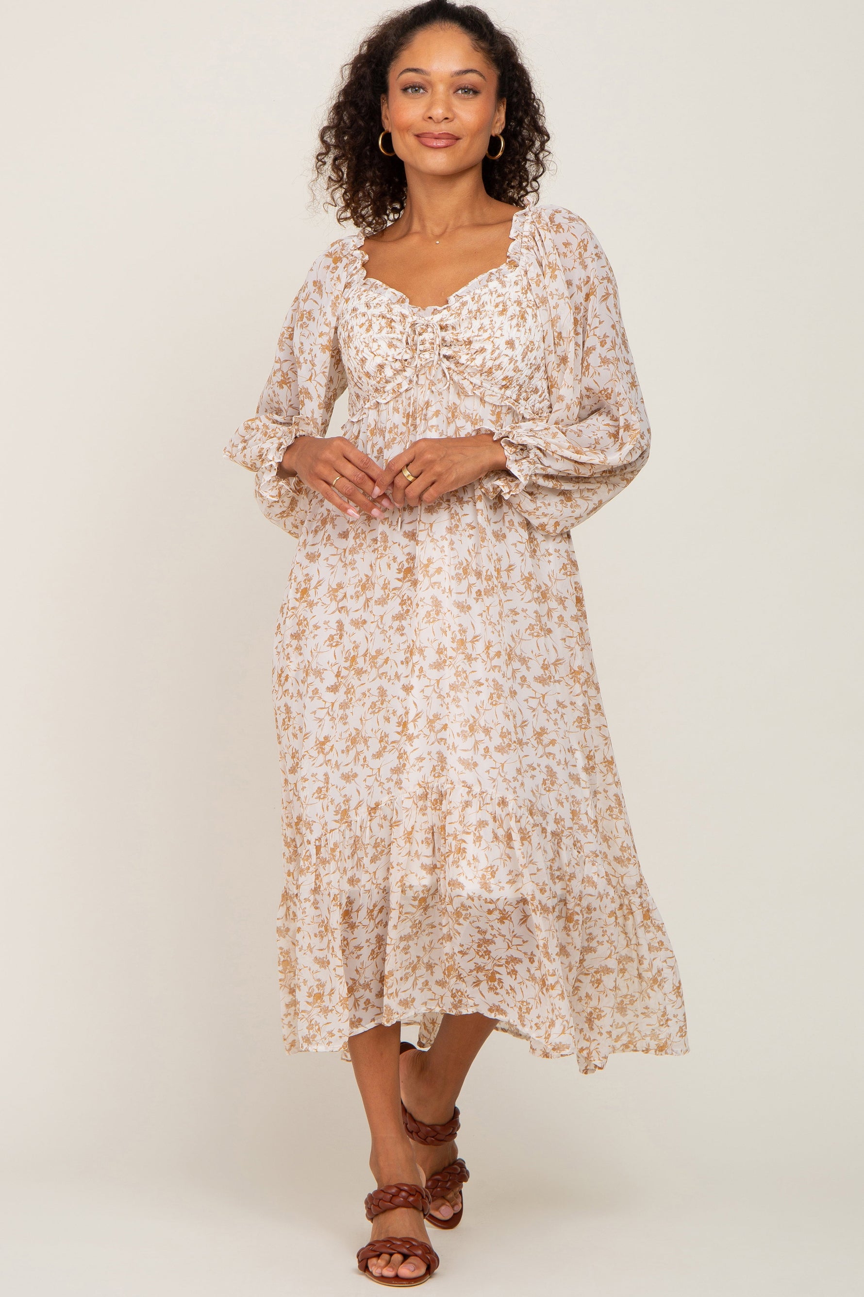 PinkBlush ivory floral chiffon ruffle maternity maxi dress.