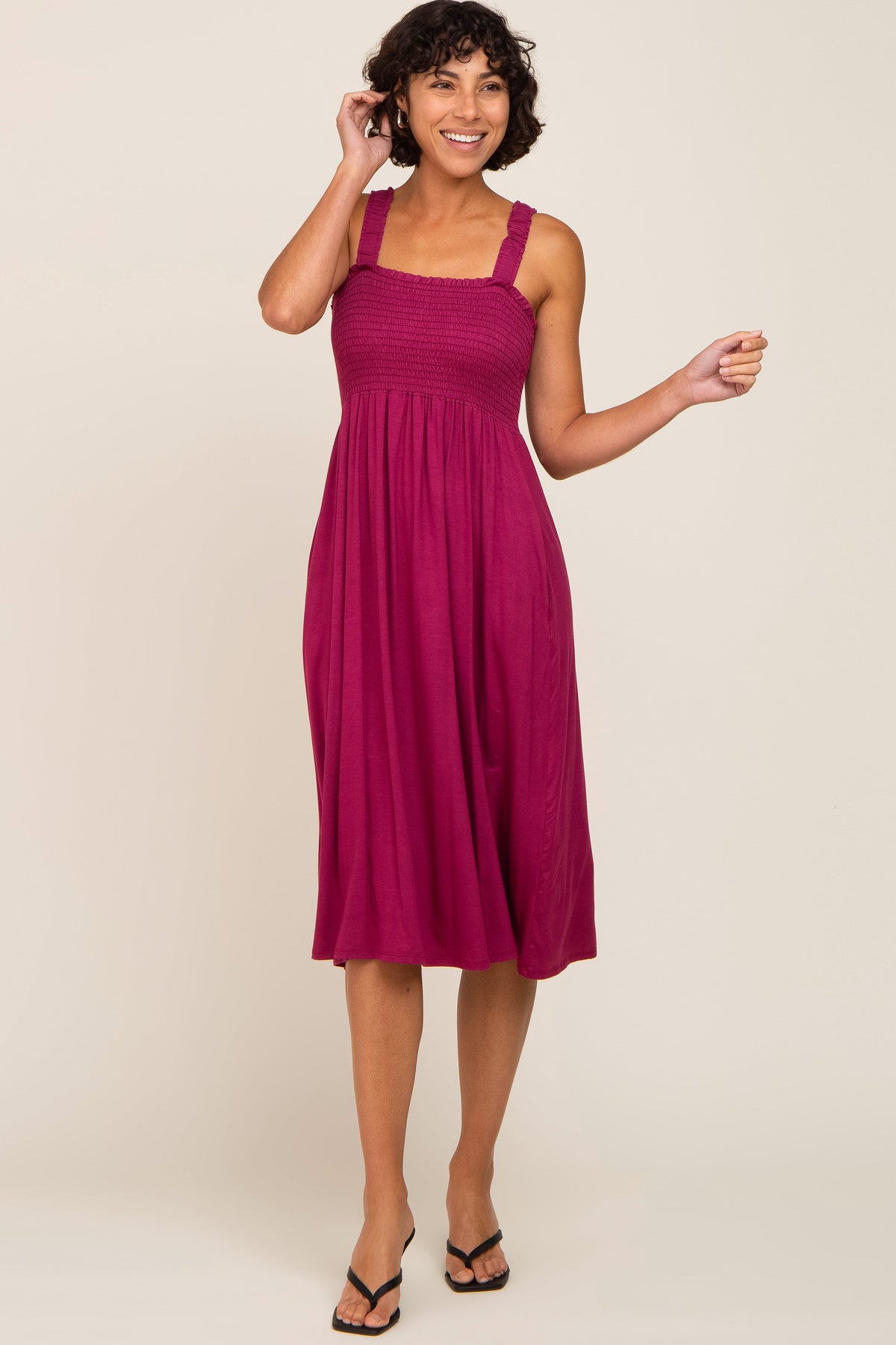 Magenta Smocked Ruffle Strap Maternity Midi Dress by PinkBlush