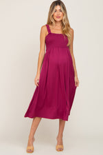 Magenta Smocked Ruffle Strap Maternity Midi Dress by PinkBlush