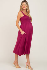 Magenta Smocked Ruffle Strap Maternity Midi Dress by PinkBlush