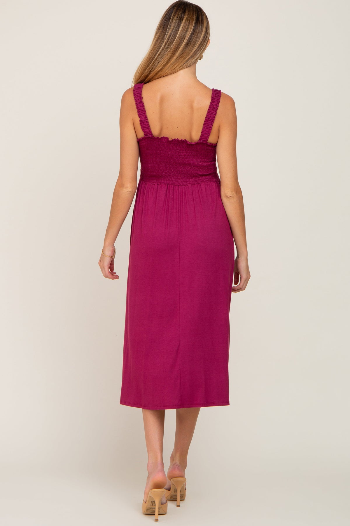 Magenta Smocked Ruffle Strap Maternity Midi Dress by PinkBlush