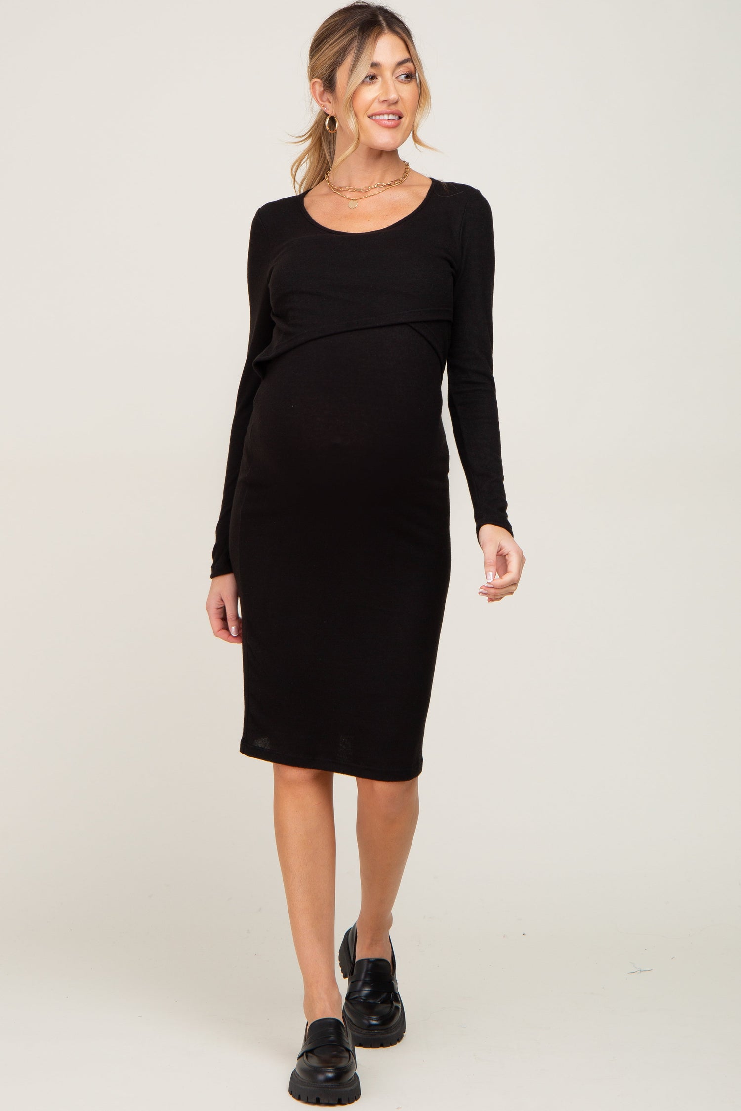 Black Brushed Knit Long Sleeve Maternity Wrap Nursing Dress by PinkBlush at Everetts Place