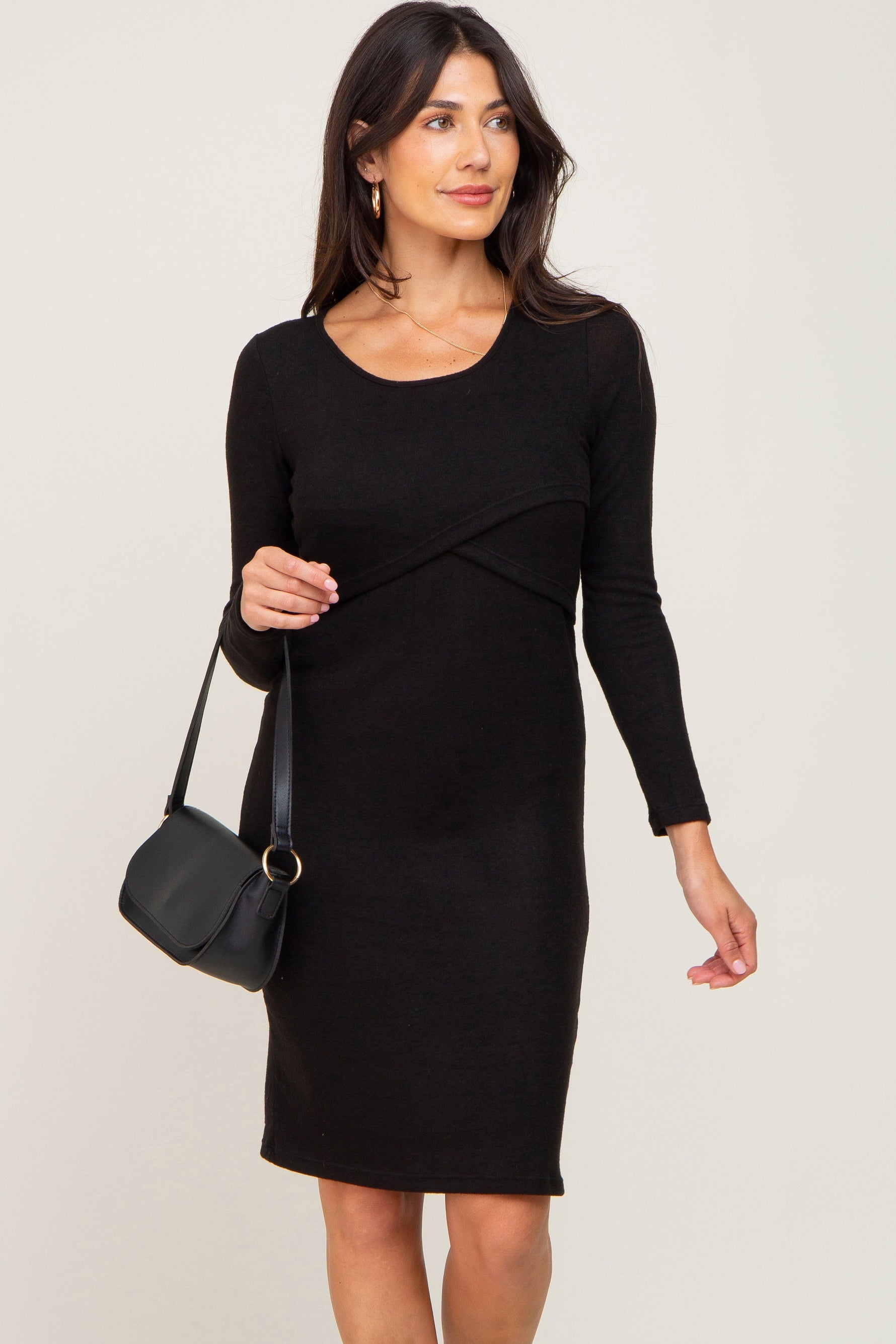 Black Brushed Knit Long Sleeve Wrap Nursing Dress by PinkBlush at Everetts Place