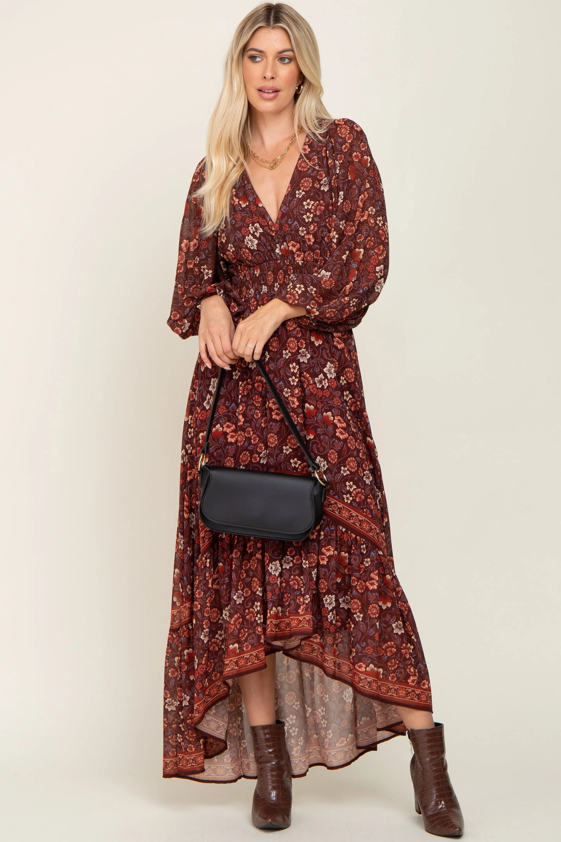 Brown Floral Hi Lo Train Maxi Dress With V Neckline And Smocked Waist PinkBlush
