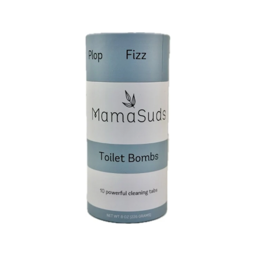 Toilet Bomb Cleaning Tabs by MamaSuds in cylindrical packaging for non-toxic cleaning.