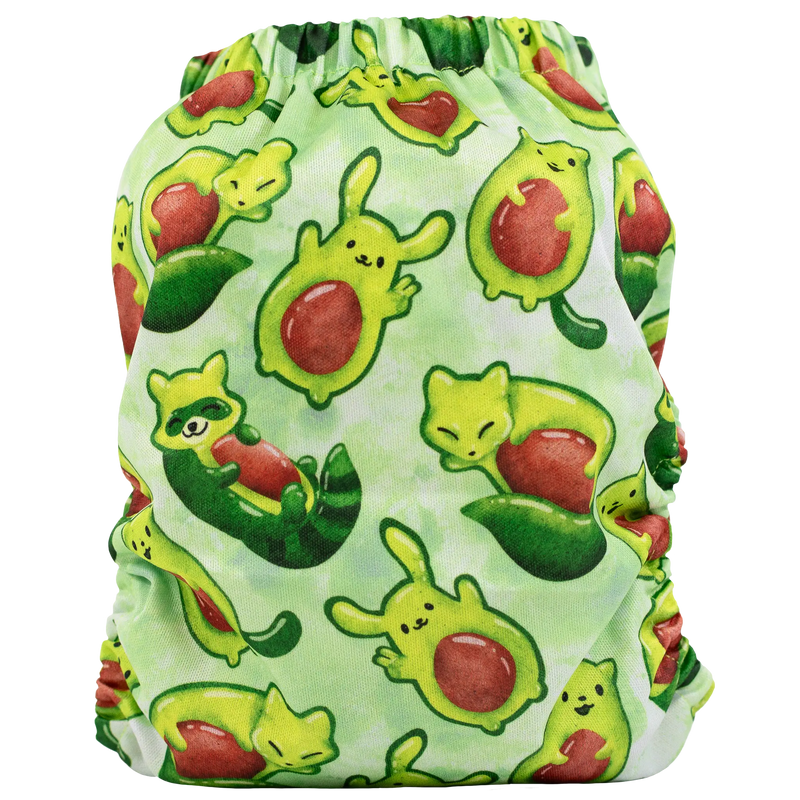 Slim fit pocket cloth diaper with colorful animal print design.