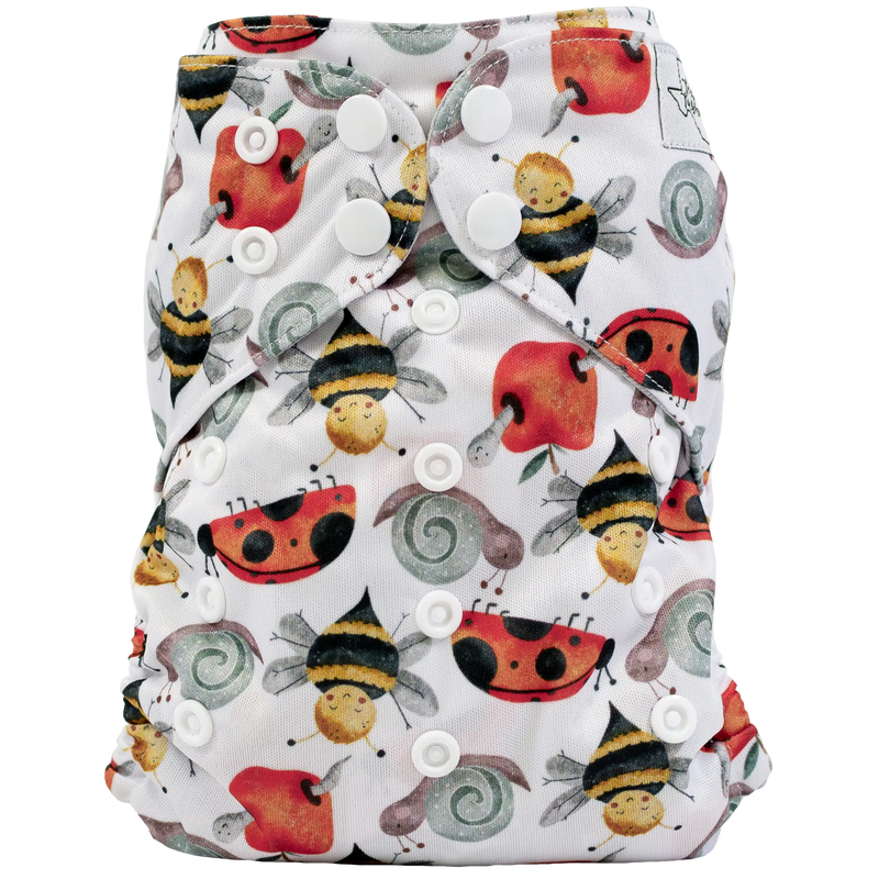 Slim fit pocket cloth diaper with a cute bee and ladybug print, adjustable snaps, and moisture-wicking material.