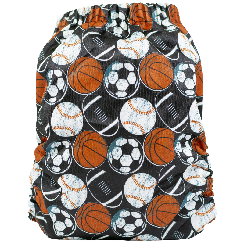 Sports-themed Slim Fit Pocket Cloth Diaper with multi-sport ball pattern.
