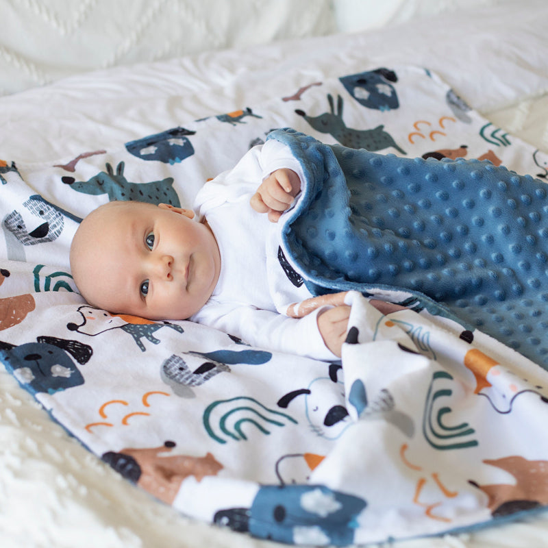 Baby & Toddler Minky Blanket with dog-themed print, soft texture, blue backing, suitable for infants.