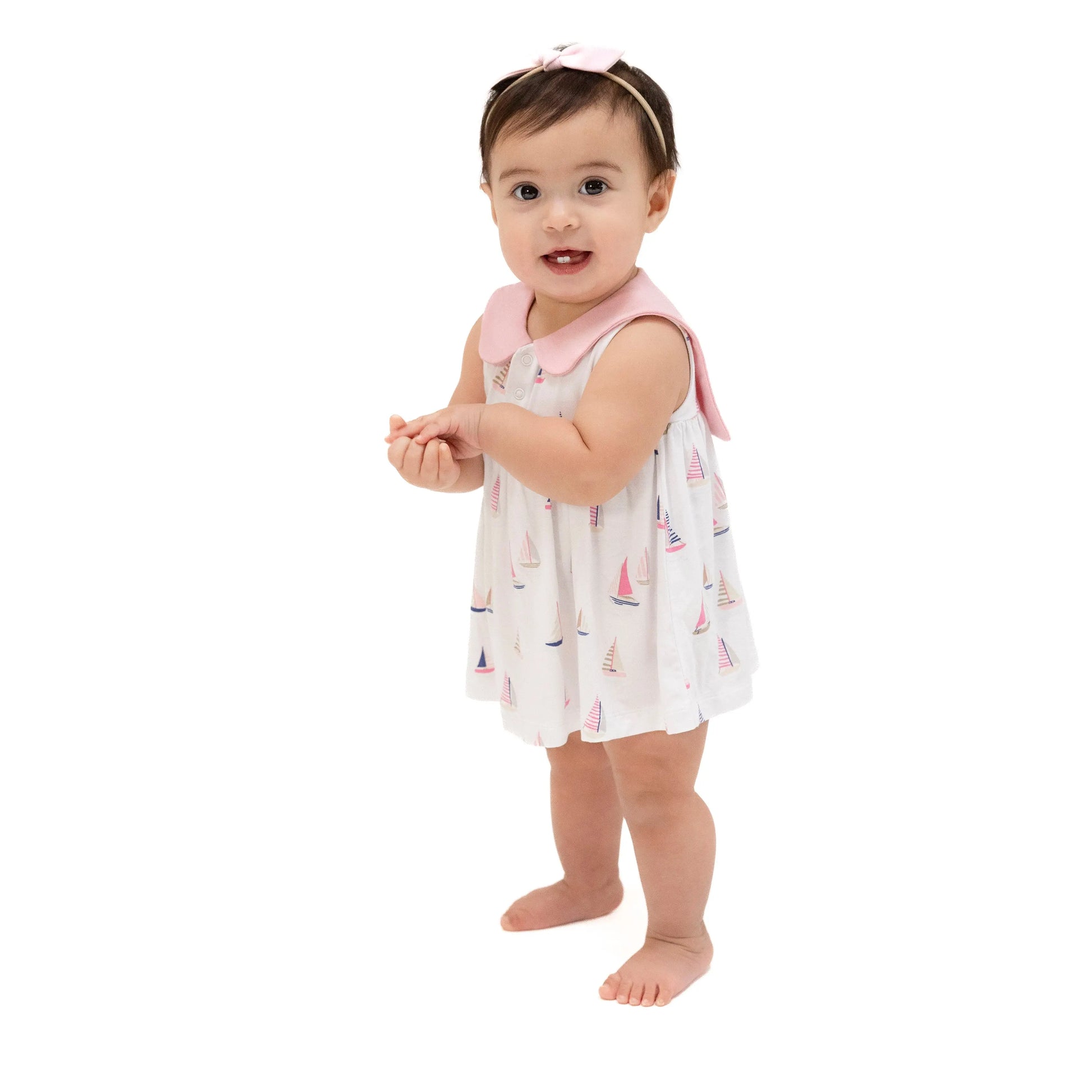 Sailor Bodysuit Dress With Embroidery Sailboats Pink.