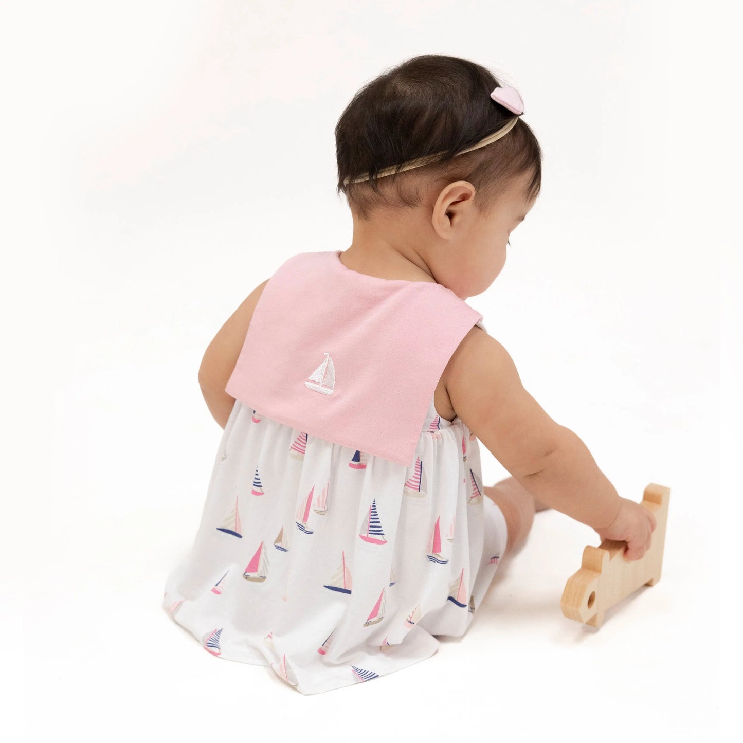 Sailor Bodysuit Dress With Embroidery Sailboats Pink.