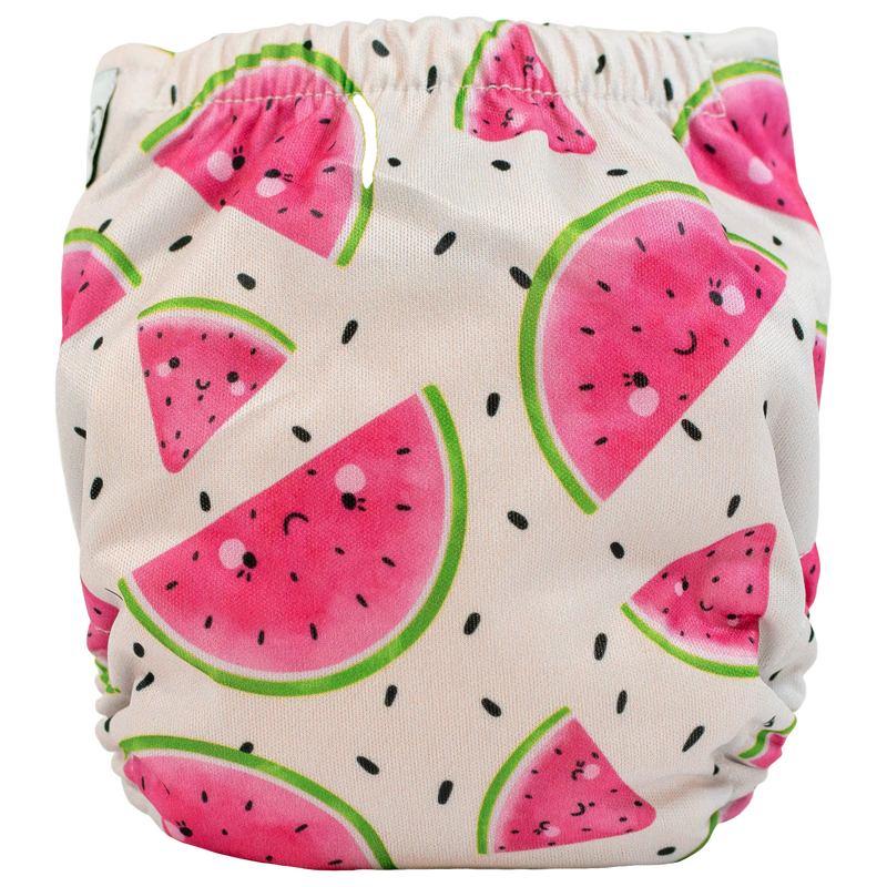Tiny Tushies Newborn AIO Cloth Diaper with watermelon print design.