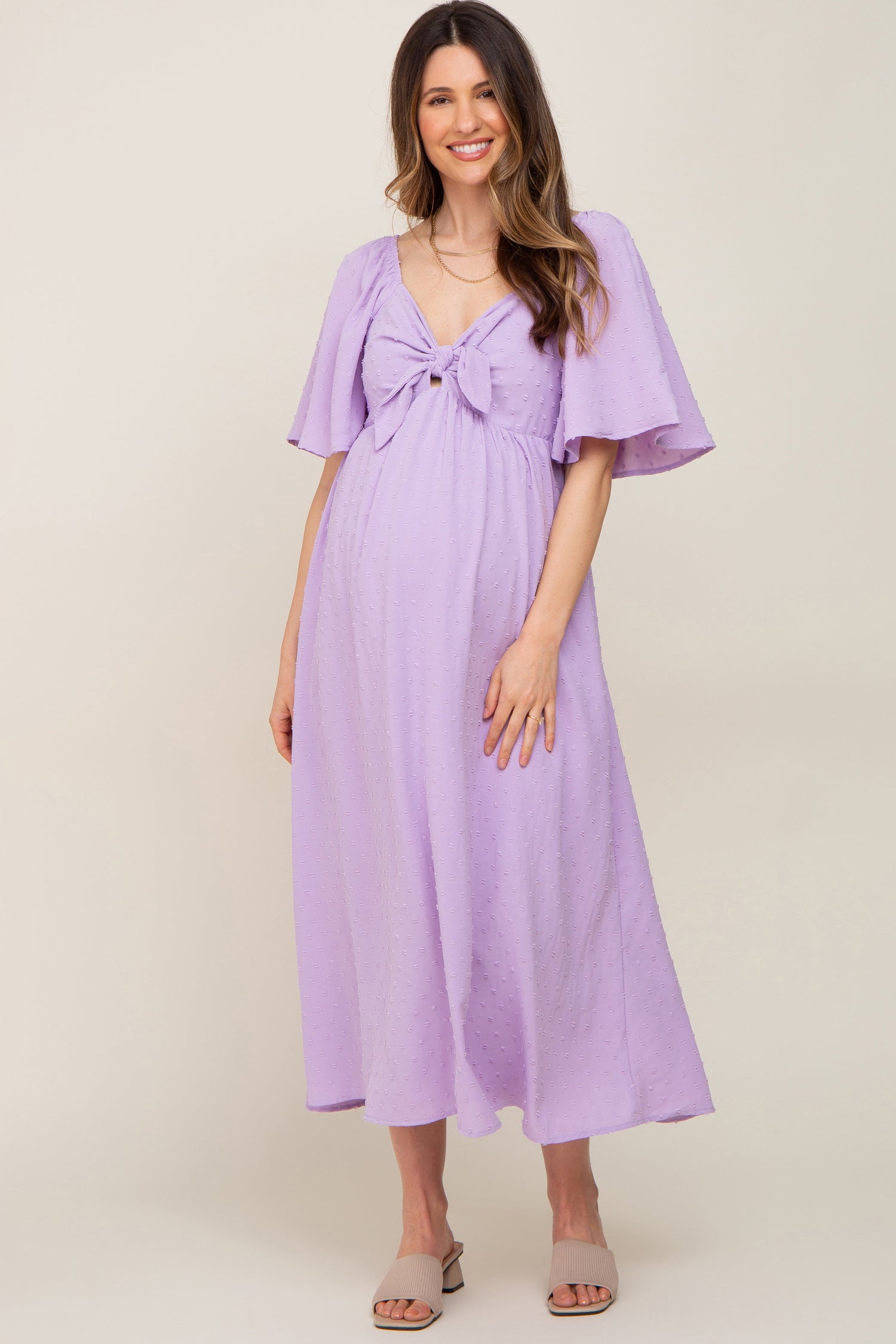 Lavender Textured Dot Front Tie Ruffle Sleeve Maternity Midi Dress - Pink, Day Dress, Dress, One-piece garment, Purple | Everetts Place