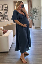 Navy Blue Textured Dot Front Tie Ruffle Sleeve Maternity Midi Dress by PinkBlush at Everetts Place