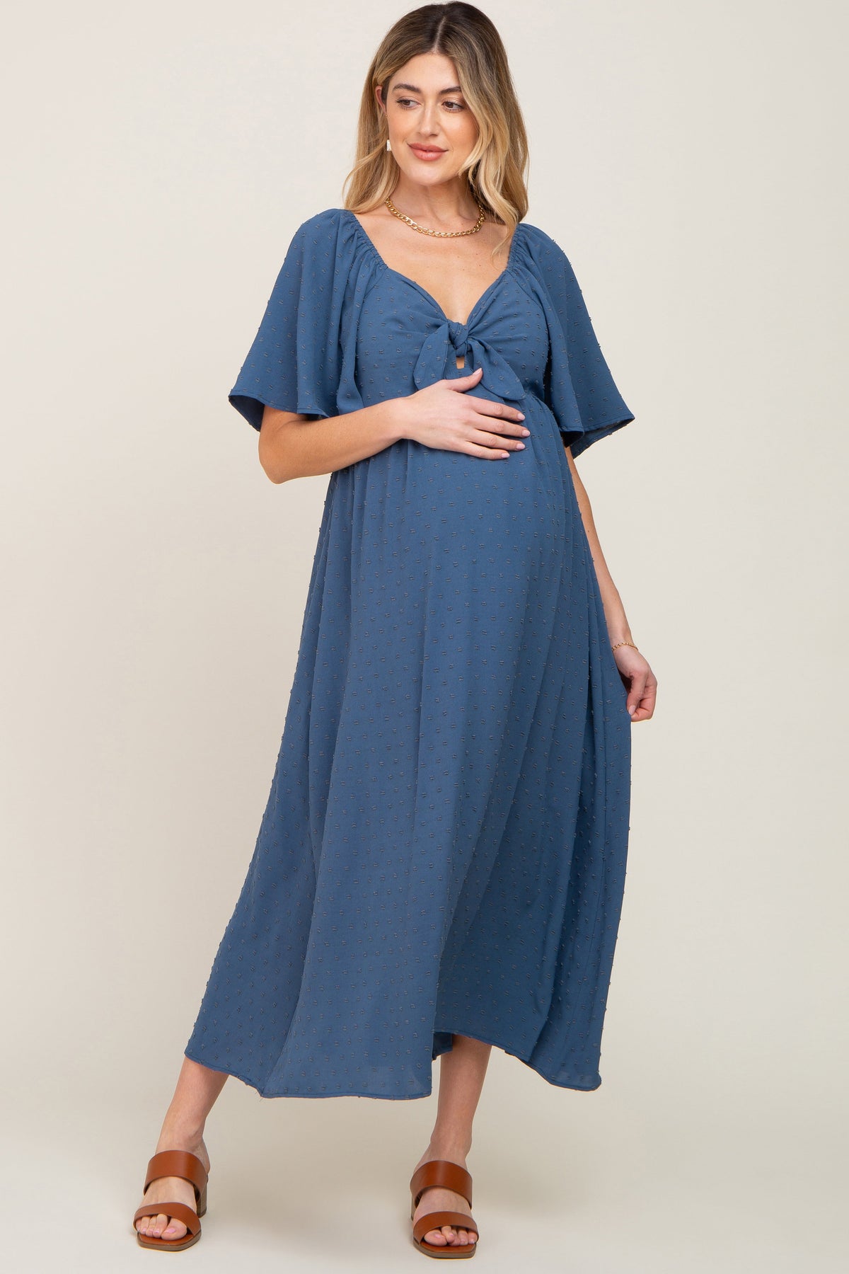 Navy Blue Textured Dot Front Tie Ruffle Sleeve Maternity Midi Dress by PinkBlush at Everetts Place