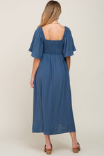 Navy Blue Textured Dot Front Tie Ruffle Sleeve Maternity Midi Dress by PinkBlush at Everetts Place