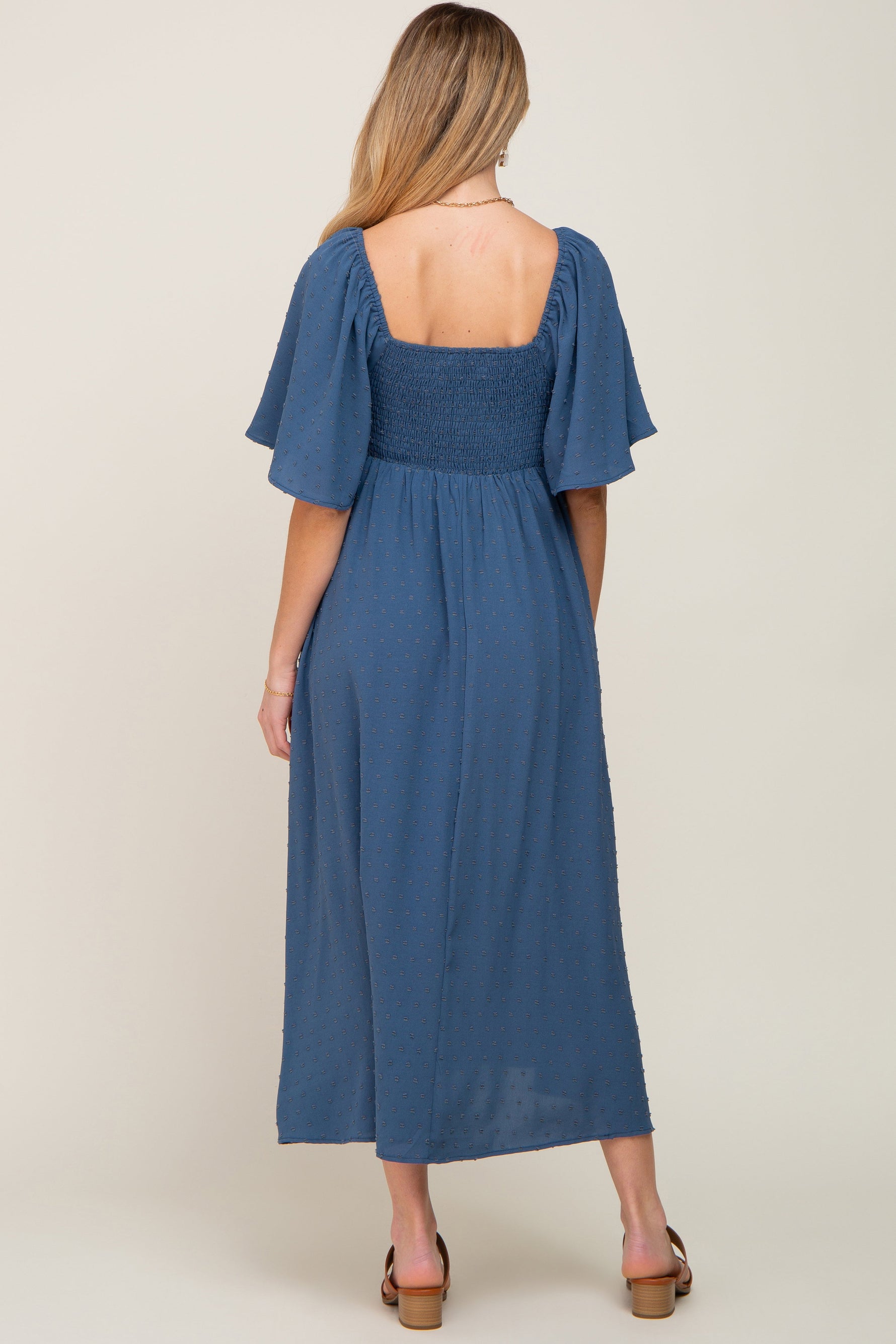 Navy Blue Textured Dot Front Tie Ruffle Sleeve Maternity Midi Dress by PinkBlush at Everetts Place