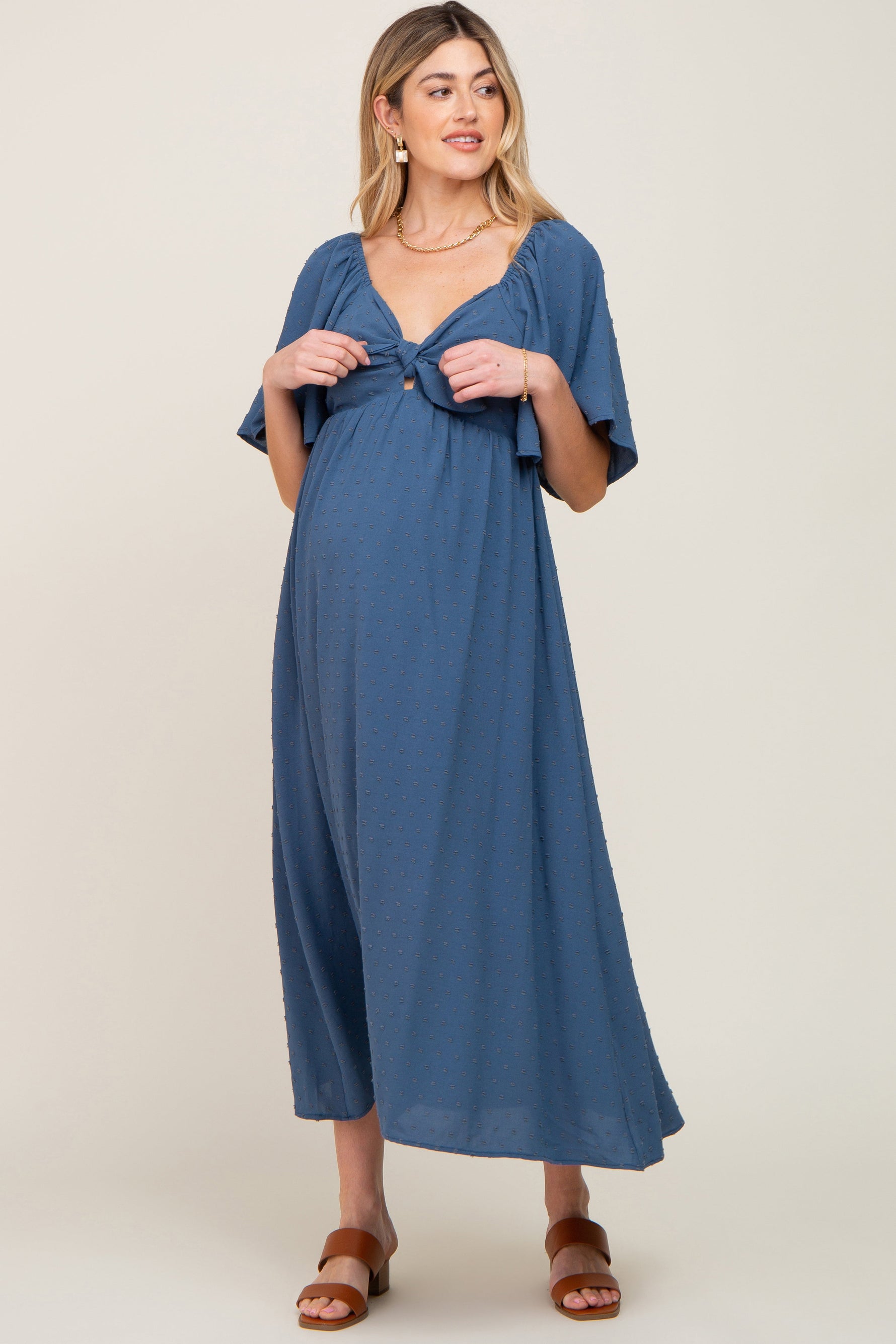 Navy Blue Textured Dot Front Tie Ruffle Sleeve Maternity Midi Dress by PinkBlush at Everetts Place