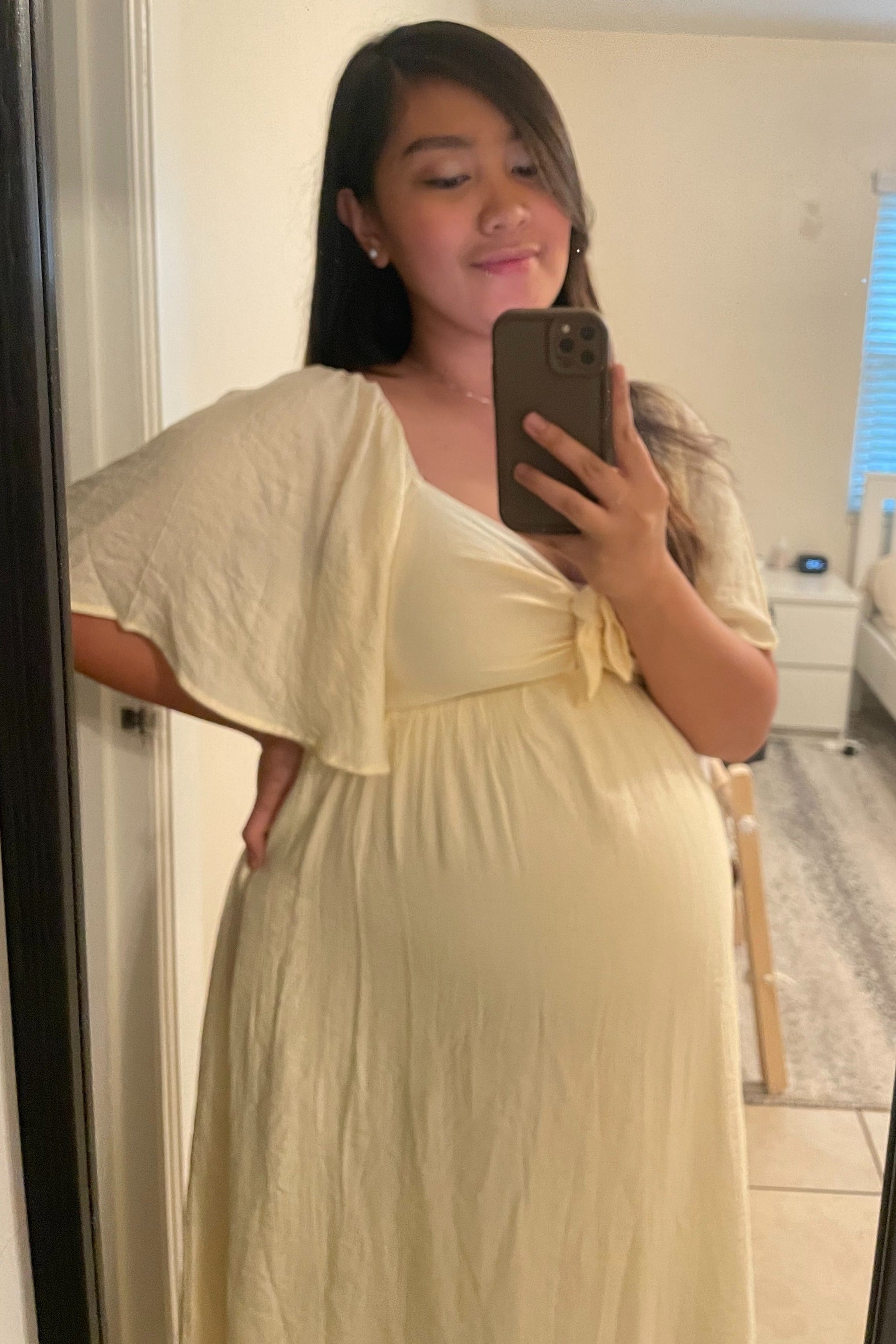 Cream Front Tie Ruffle Sleeve Maternity Midi Dress by PinkBlush at Everetts Place