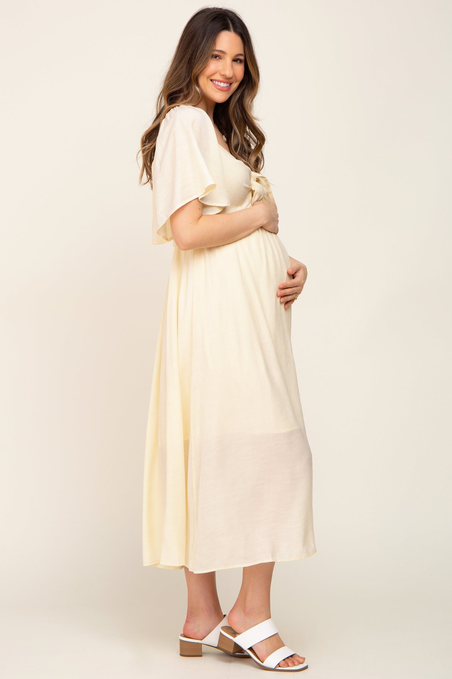 Cream Front Tie Ruffle Sleeve Maternity Midi Dress by PinkBlush at Everetts Place