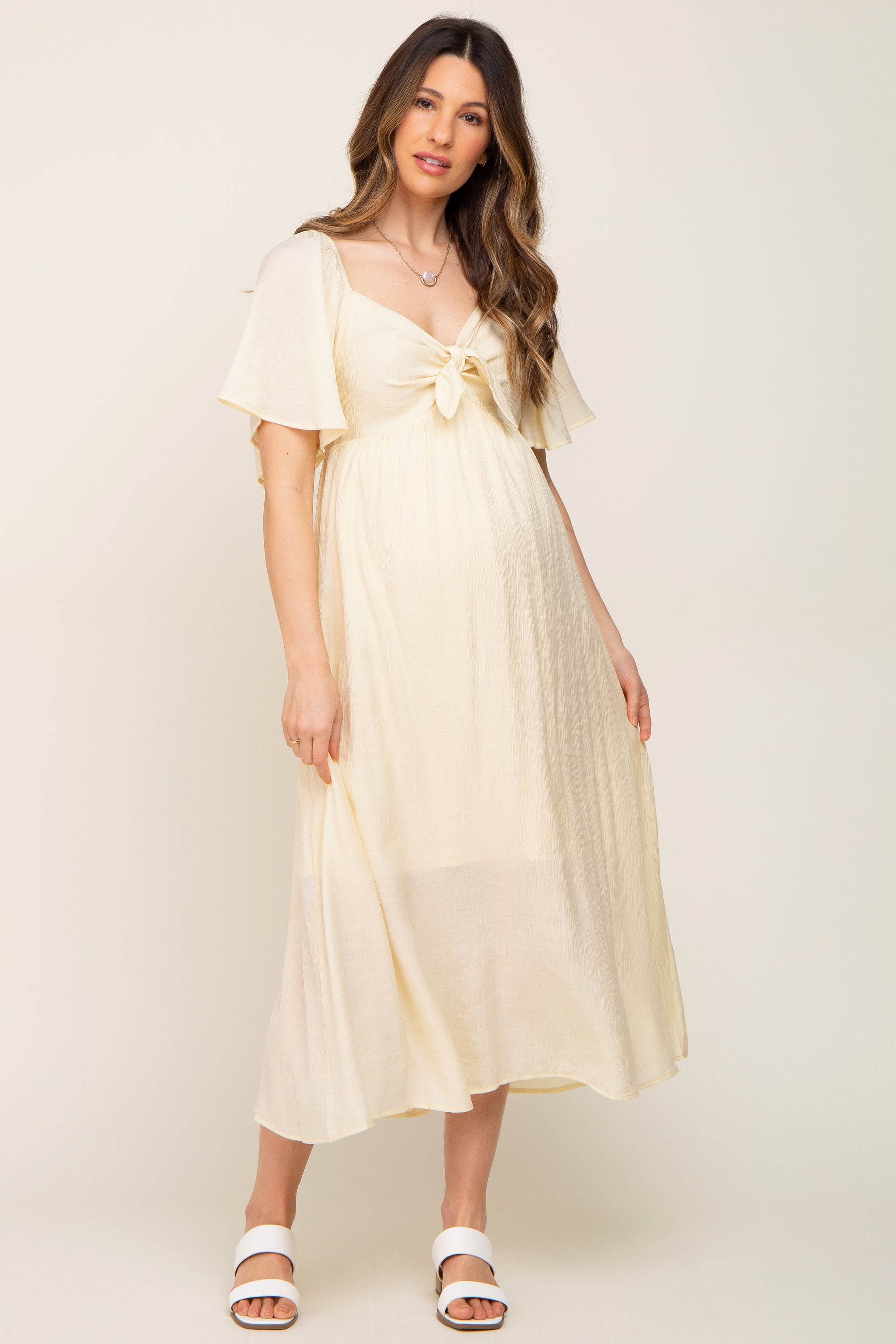 Cream Front Tie Ruffle Sleeve Maternity Midi Dress by PinkBlush at Everetts Place