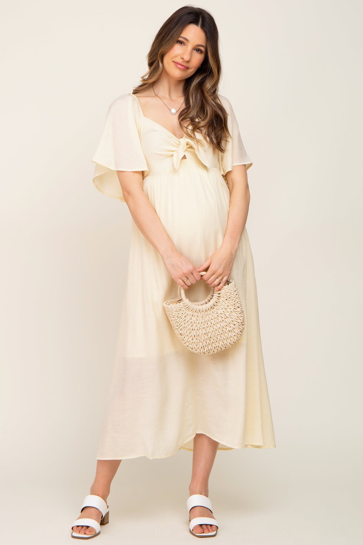 Cream Front Tie Ruffle Sleeve Maternity Midi Dress - Shoulder, Dress, Fashion, Textile, Pink | Everetts Place