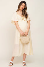 Cream Front Tie Ruffle Sleeve Maternity Midi Dress - Shoulder, Dress, Fashion, Textile, Pink | Everetts Place