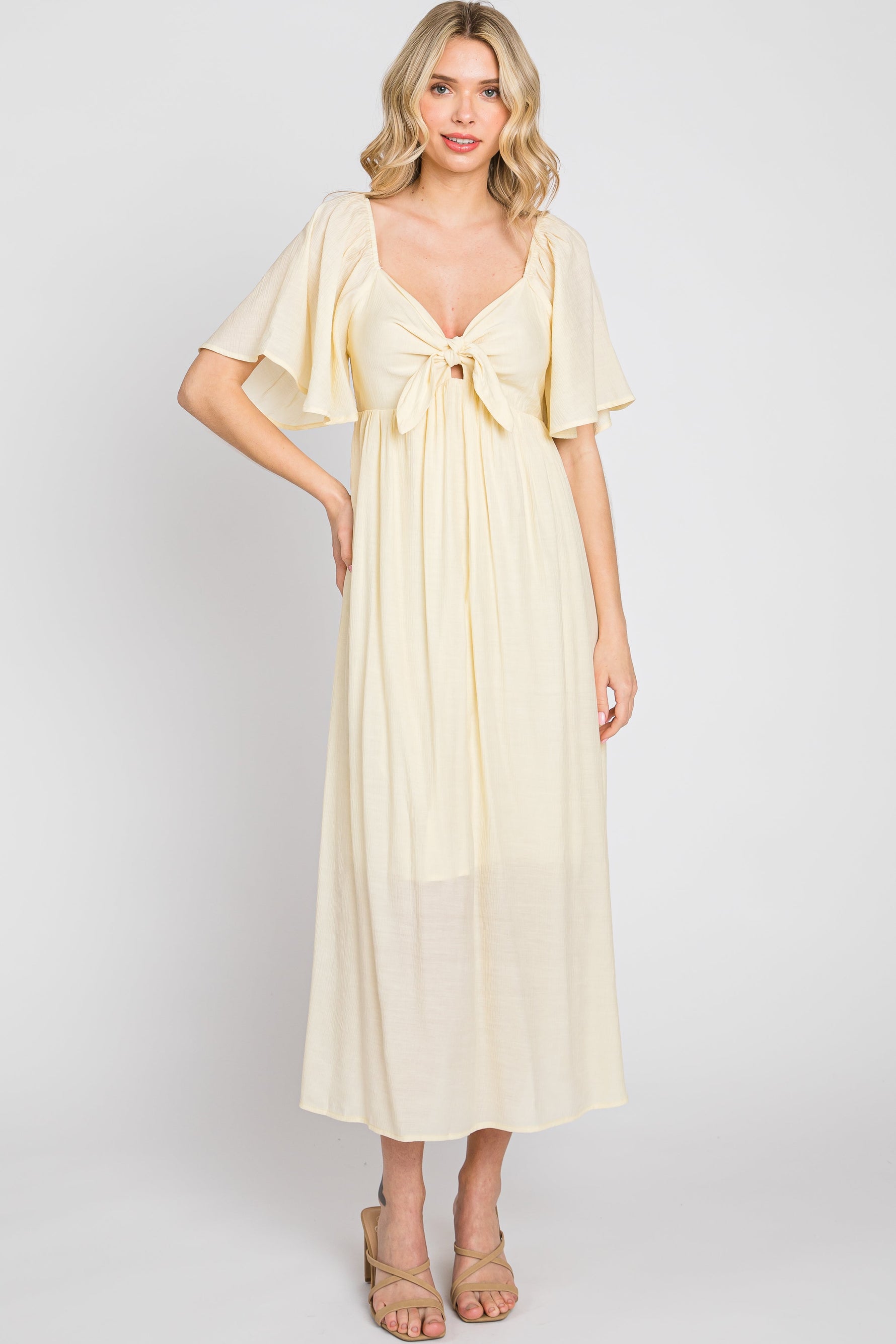 Cream Front Tie Ruffle Sleeve Maternity Midi Dress by PinkBlush at Everetts Place