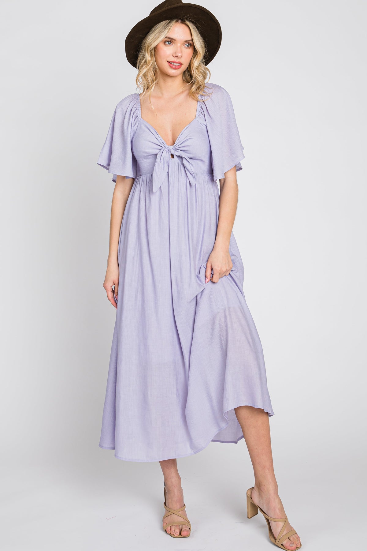 Lavender Front Tie Ruffle Sleeve Maternity Midi Dress by PinkBlush at Everetts Place