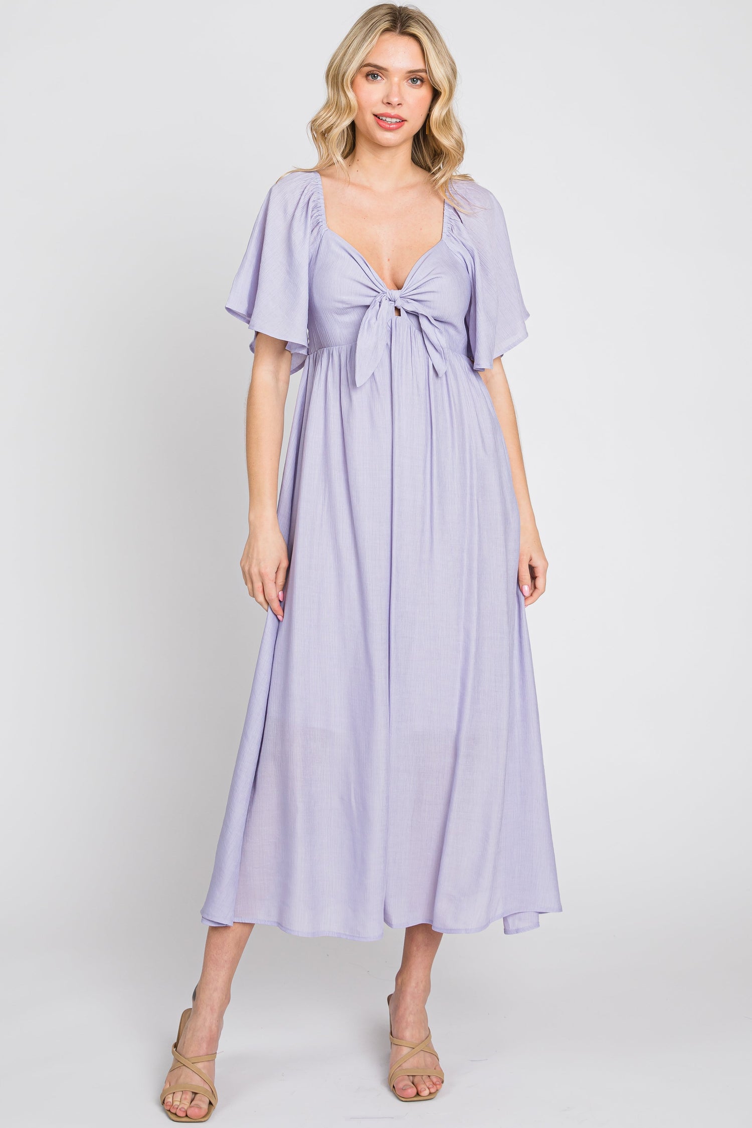 Lavender Front Tie Ruffle Sleeve Midi Dress by PinkBlush at Everetts Place
