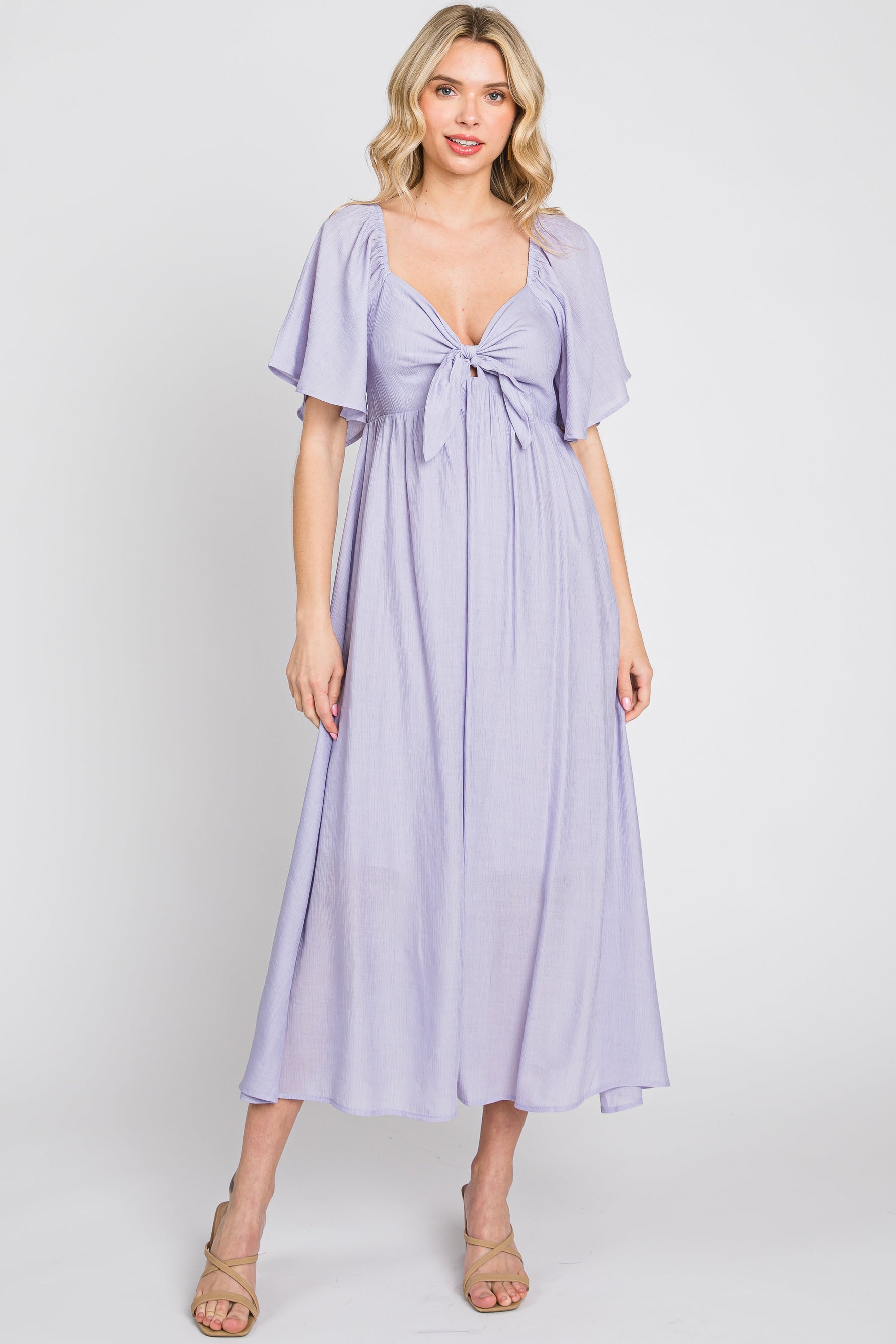 Lavender Front Tie Ruffle Sleeve Midi Dress by PinkBlush at Everetts Place