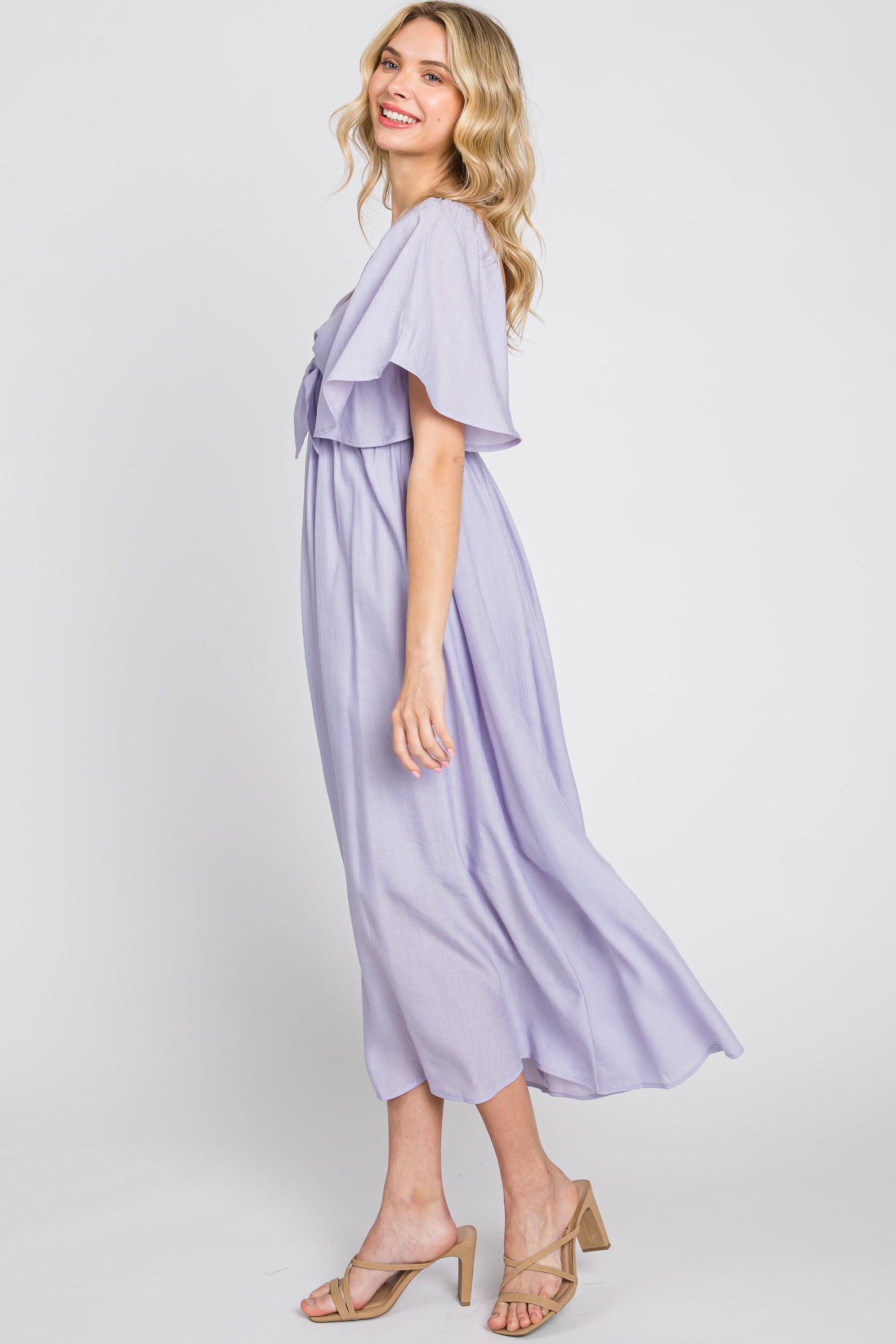 Lavender Front Tie Ruffle Sleeve Midi Dress by PinkBlush at Everetts Place