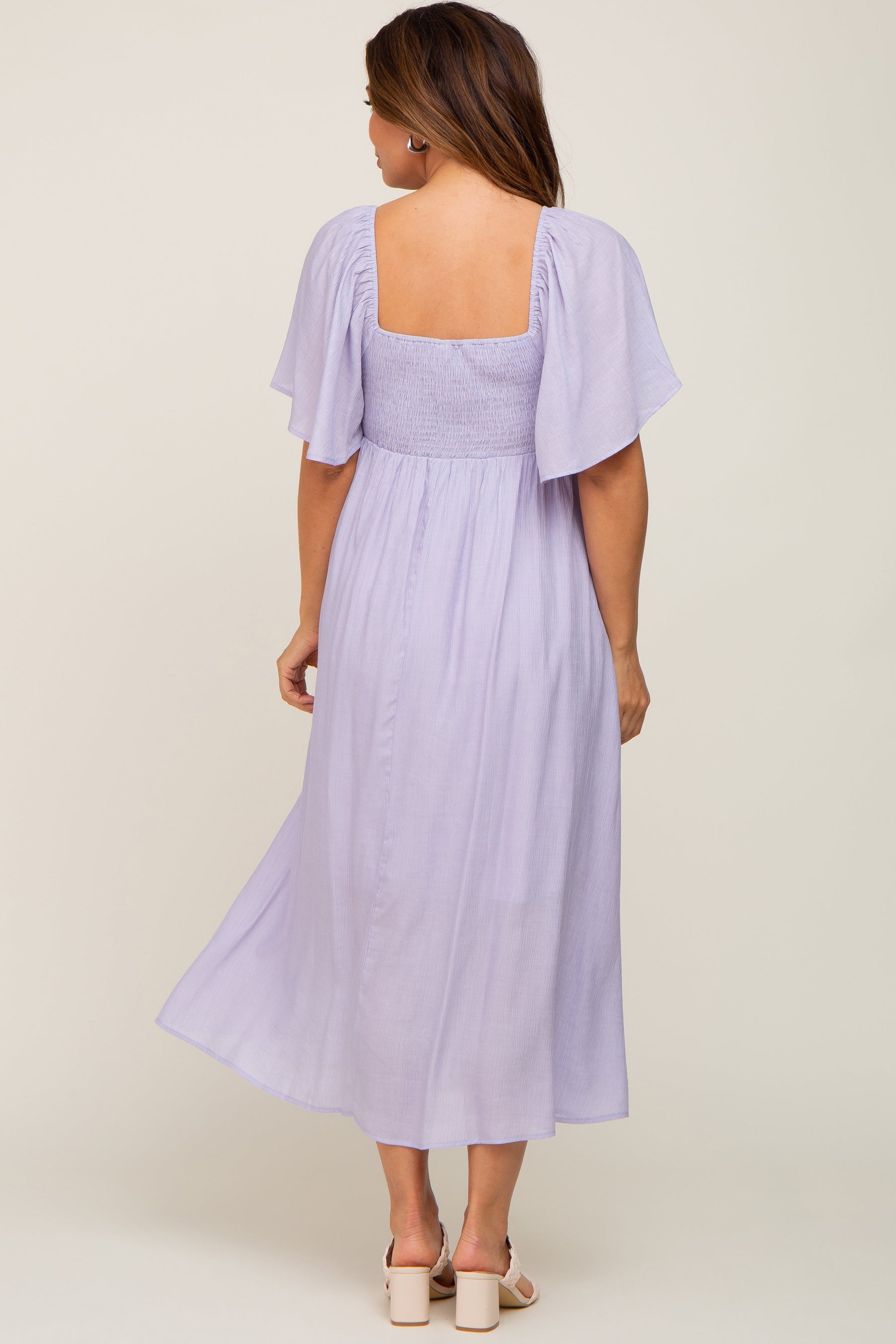 Lavender Front Tie Ruffle Sleeve Maternity Midi Dress by PinkBlush at Everetts Place