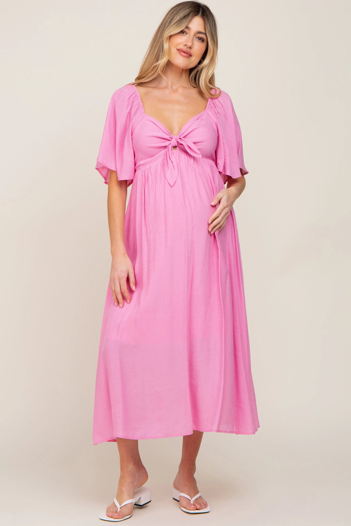 PinkBlush Elegant Maternity Midi Dress with Front Tie and Ruffle Sleeves for Expecting Moms - Apparel & Accessories > Clothing > Dresses