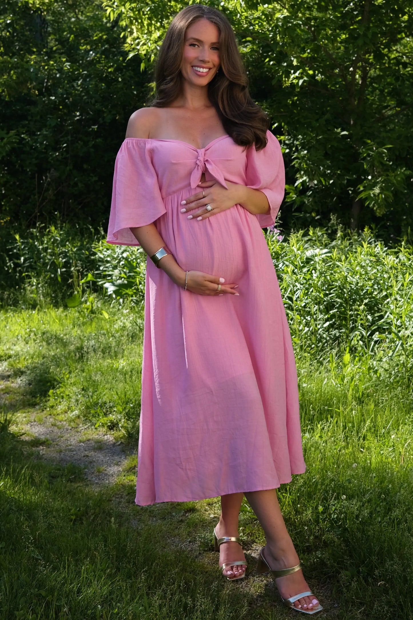 PinkBlush Elegant Maternity Midi Dress with Front Tie and Ruffle Sleeves for Expecting Moms - Apparel & Accessories > Clothing > Dresses