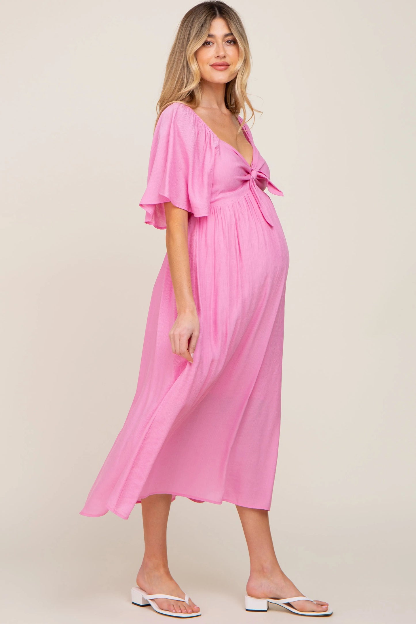 PinkBlush Elegant Maternity Midi Dress with Front Tie and Ruffle Sleeves for Expecting Moms - Apparel & Accessories > Clothing > Dresses