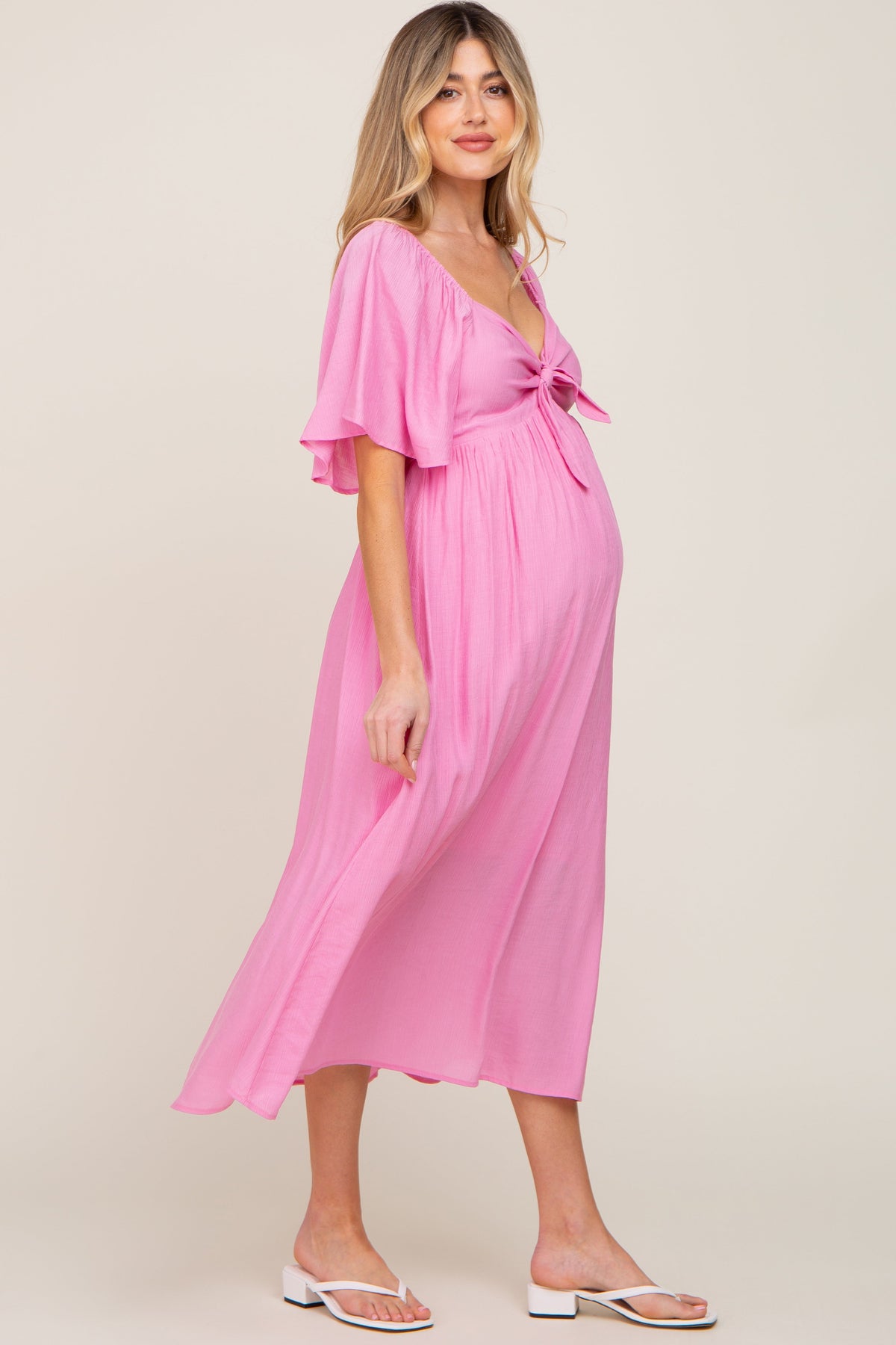 Pink Front Tie Ruffle Sleeve Maternity Midi Dress by PinkBlush