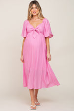 Pink Front Tie Ruffle Sleeve Maternity Midi Dress by PinkBlush