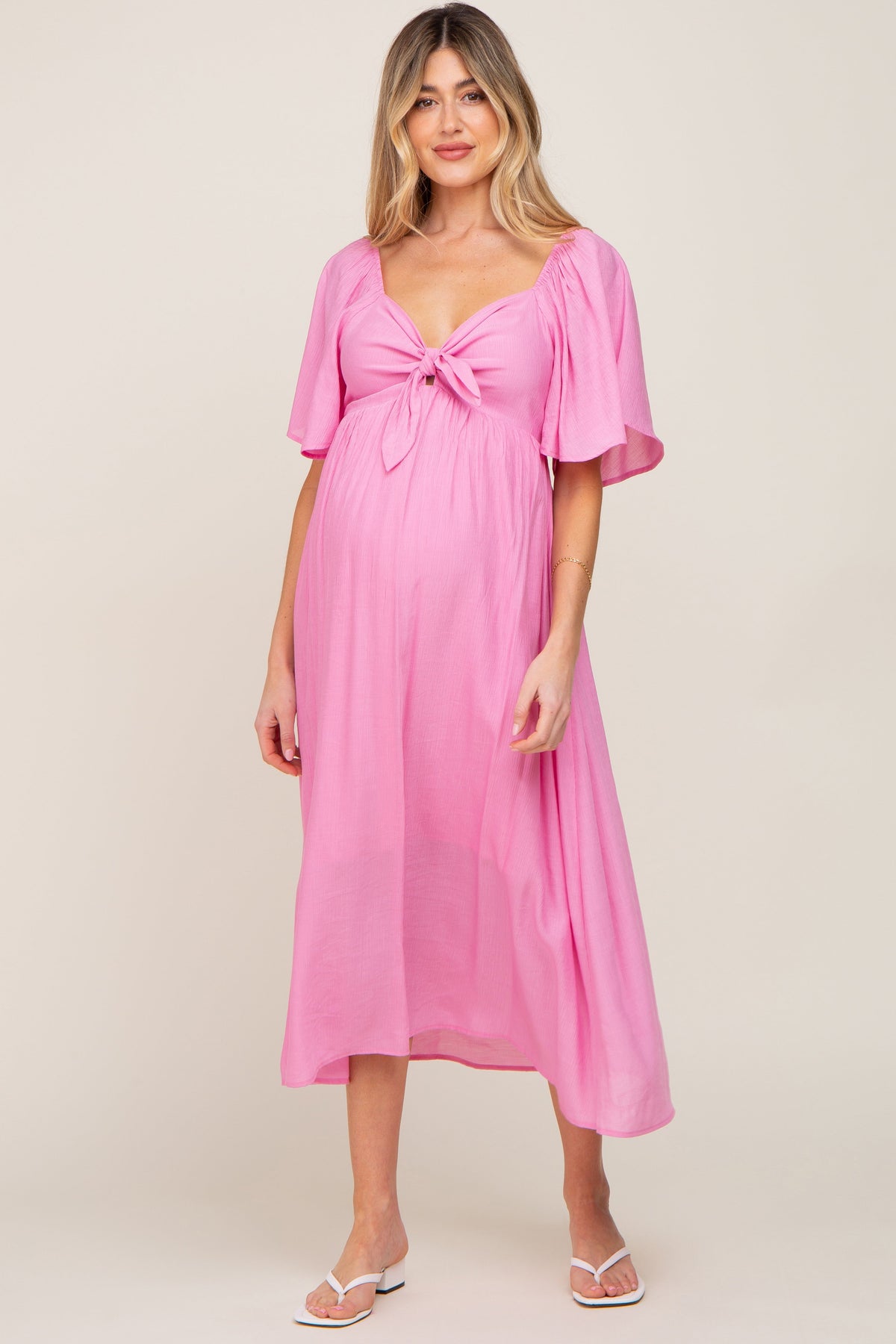 Pink Front Tie Ruffle Sleeve Maternity Midi Dress by PinkBlush