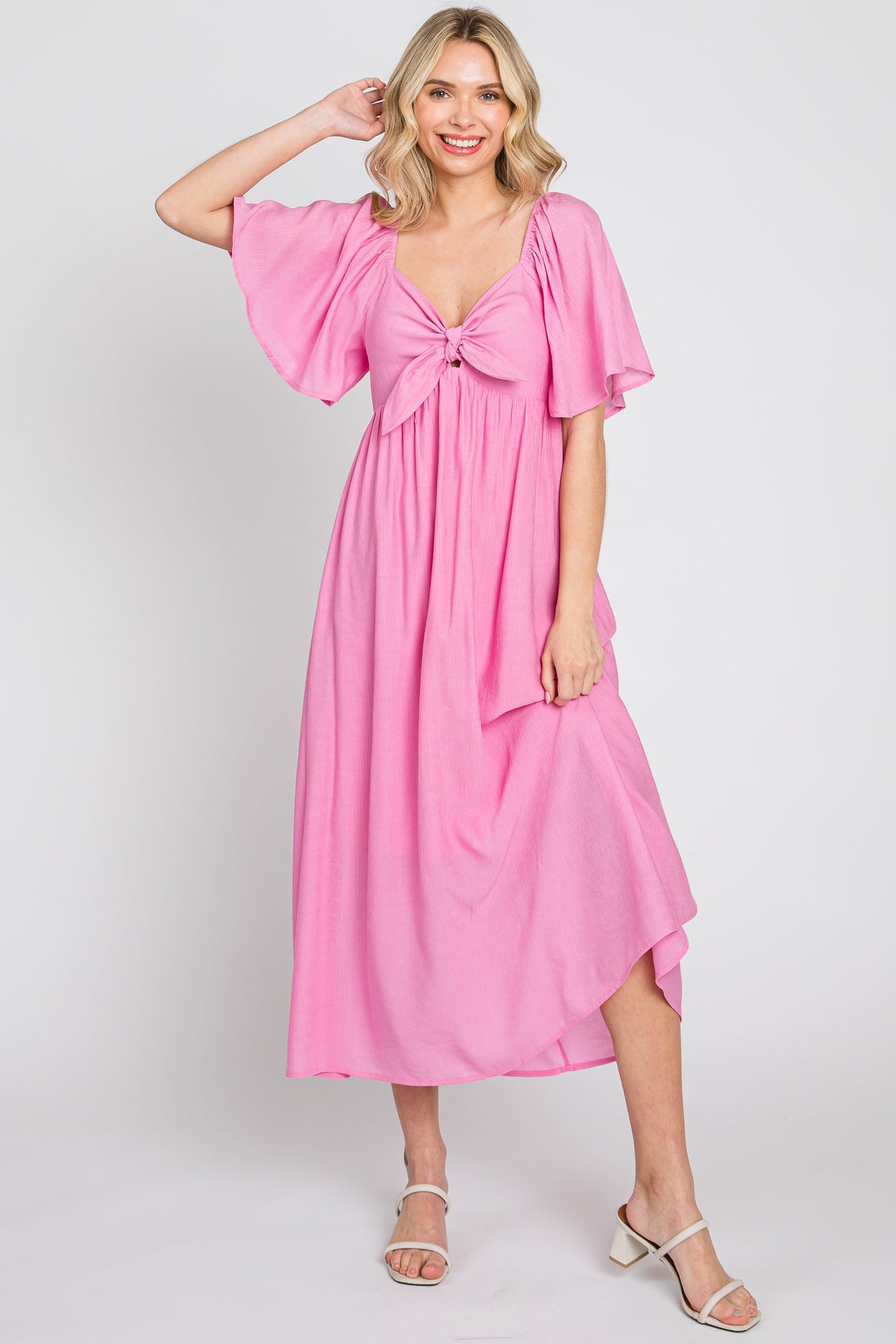 Pink Front Tie Ruffle Sleeve Maternity Midi Dress by PinkBlush