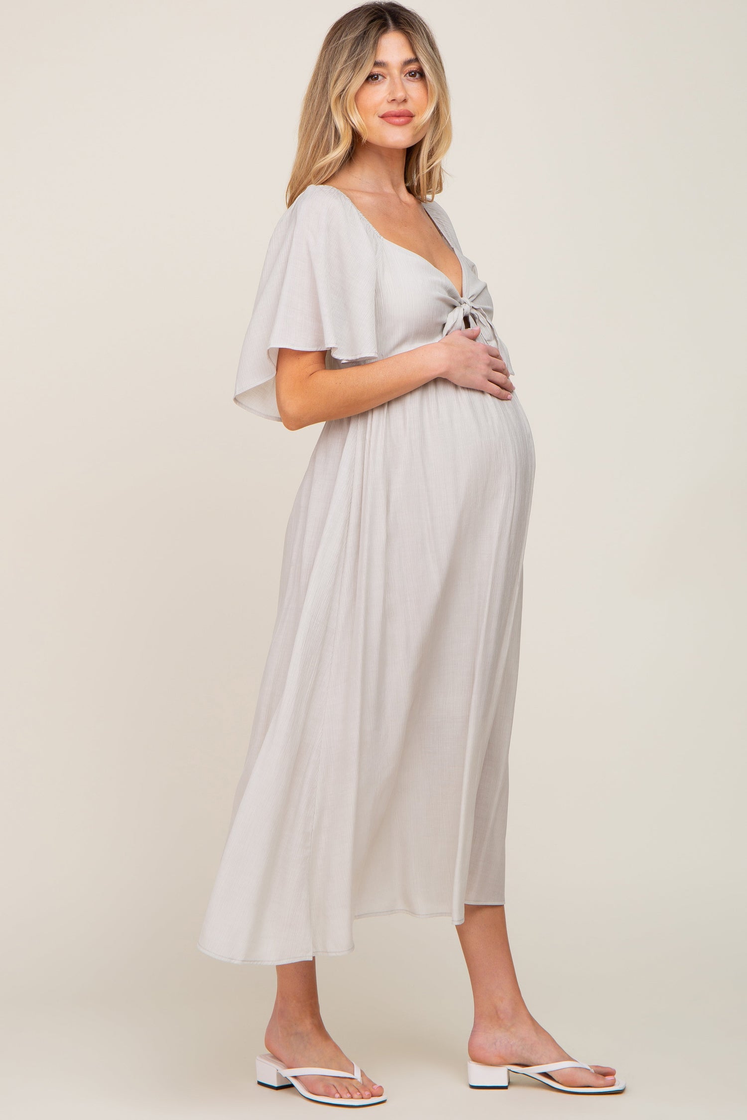 Grey Front Tie Ruffle Sleeve Maternity Midi Dress by PinkBlush at Everetts Place