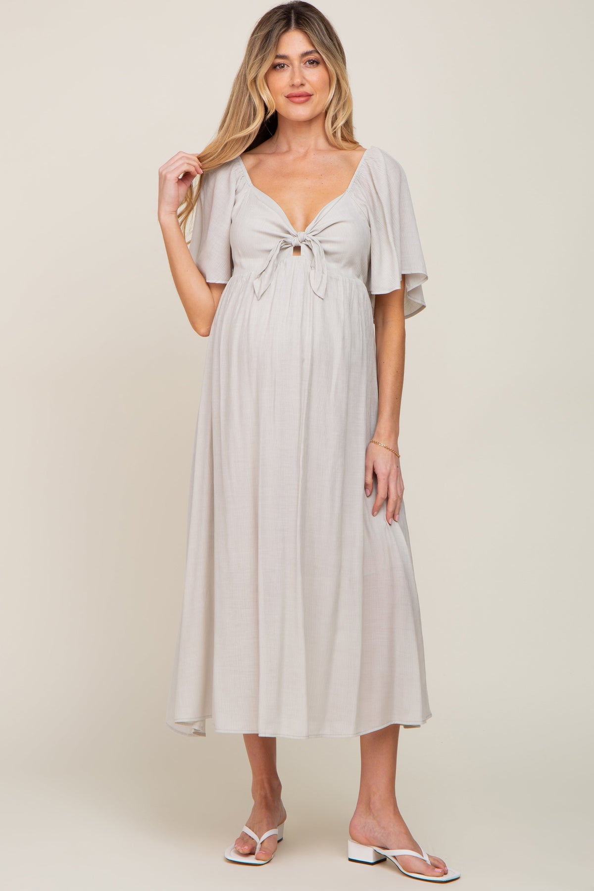 Grey Front Tie Ruffle Sleeve Maternity Midi Dress by PinkBlush at Everetts Place