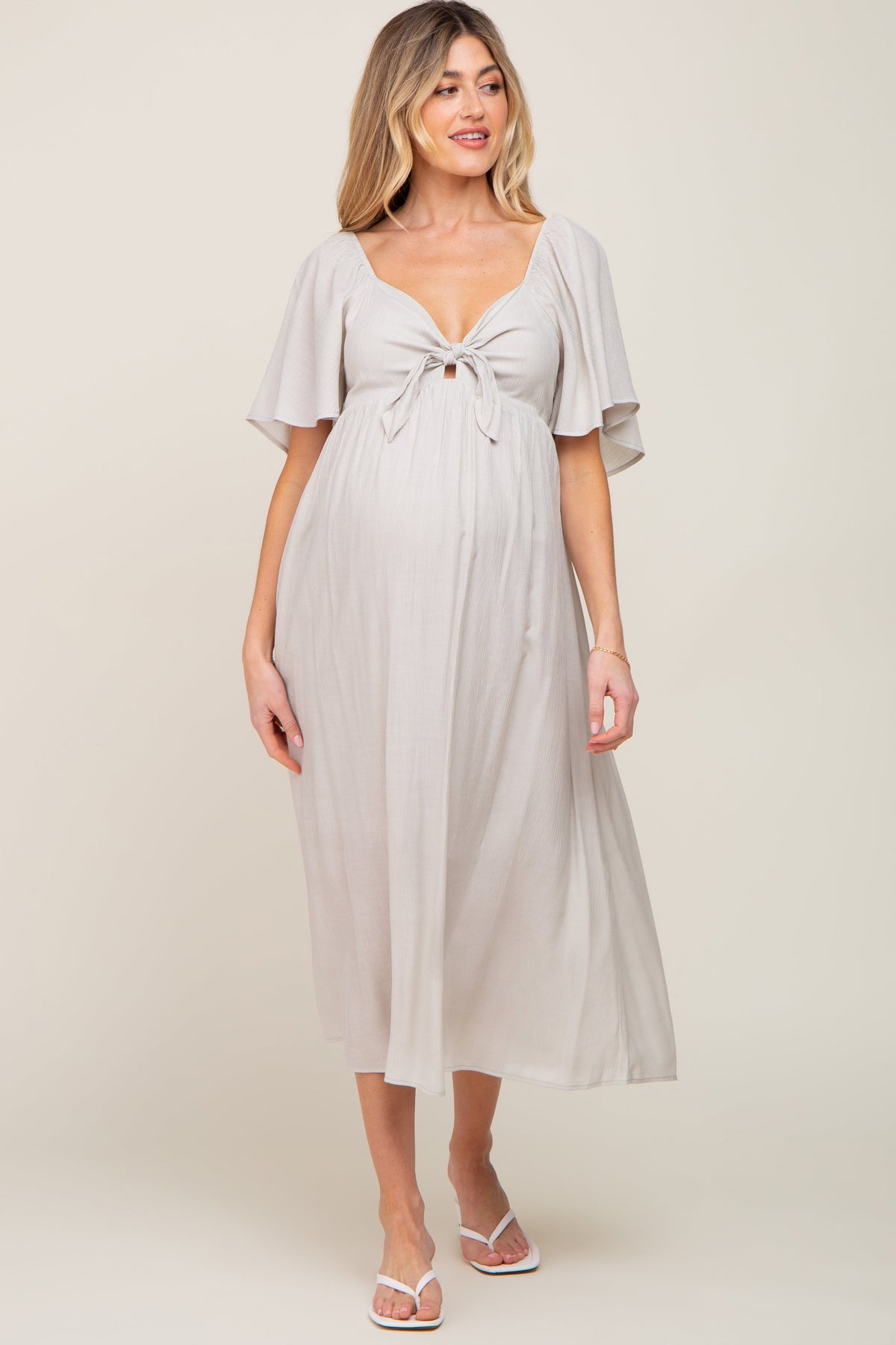 Grey Front Tie Ruffle Sleeve Maternity Midi Dress by PinkBlush at Everetts Place