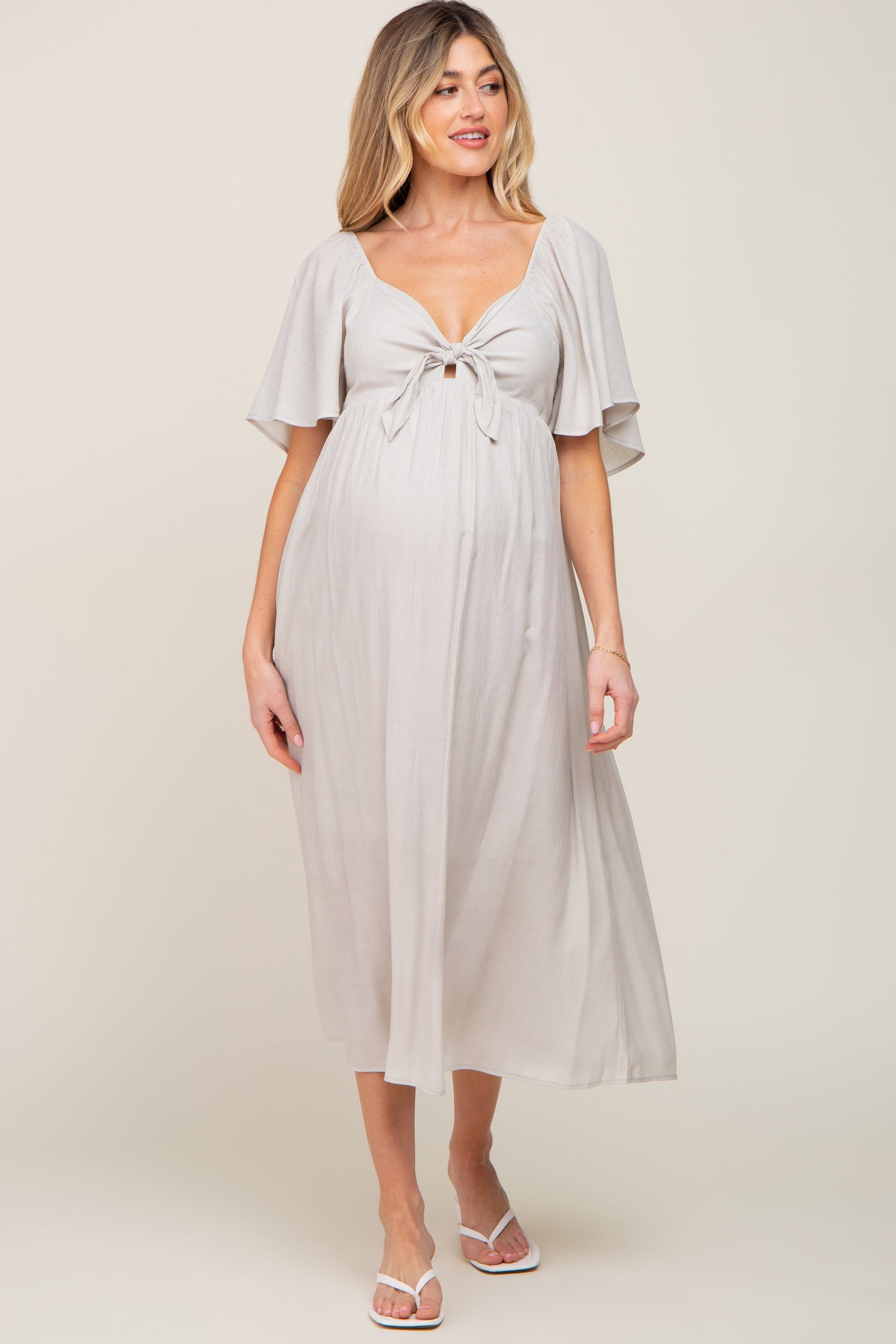 Grey Front Tie Ruffle Sleeve Maternity Midi Dress by PinkBlush at Everetts Place