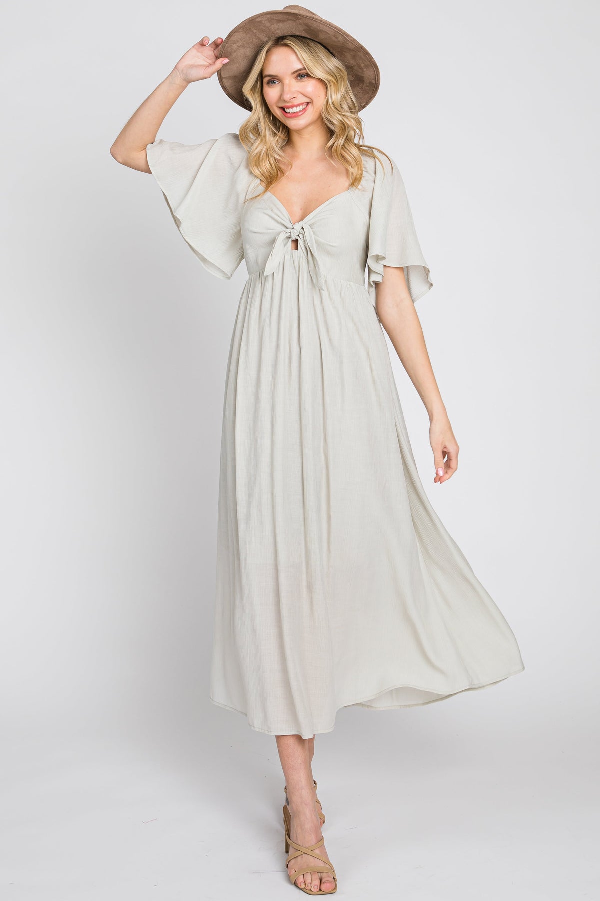 Grey Front Tie Ruffle Sleeve Maternity Midi Dress by PinkBlush at Everetts Place