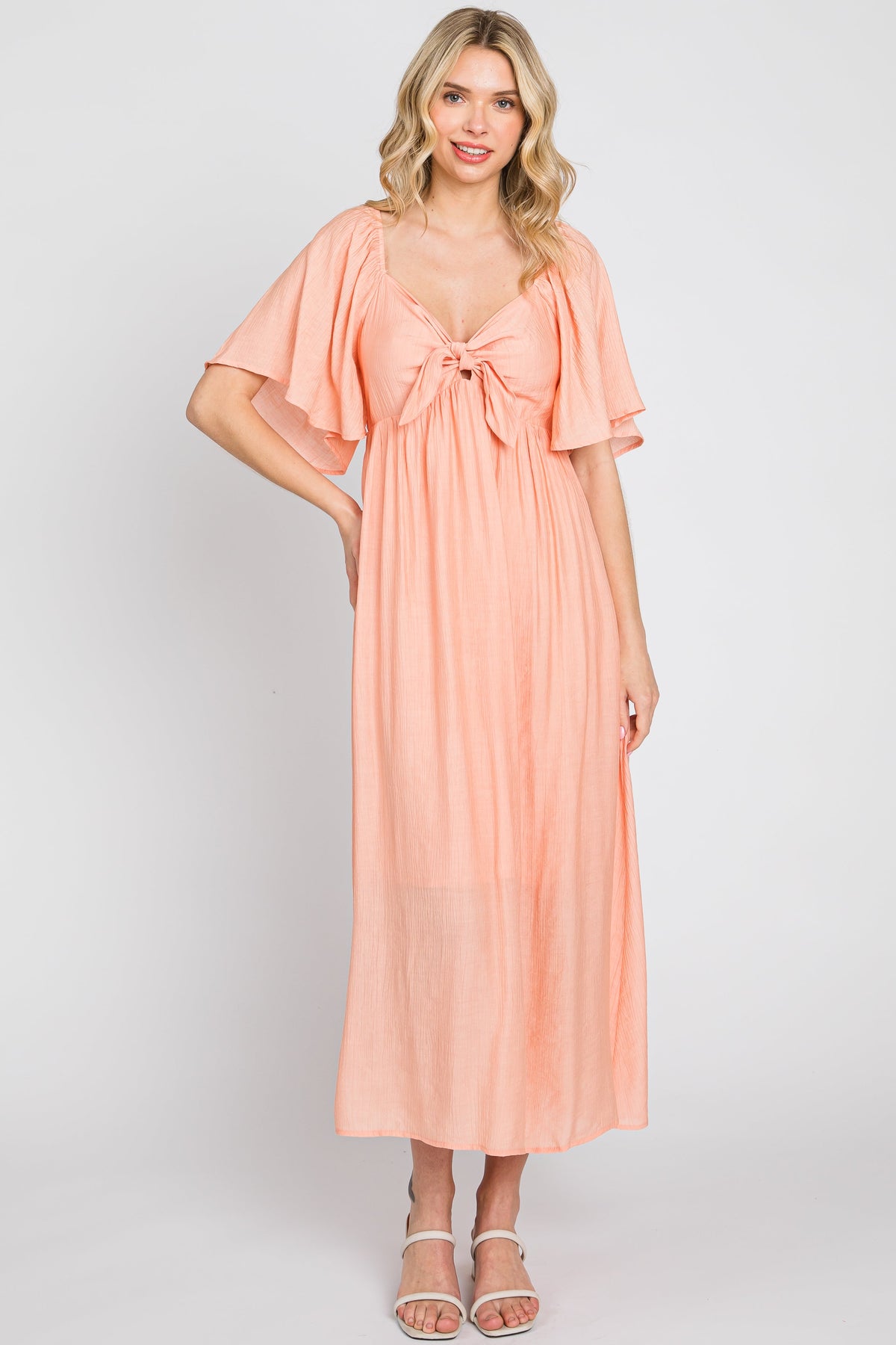 Peach Front Tie Ruffle Sleeve Maternity Midi Dress by PinkBlush at Everetts Place