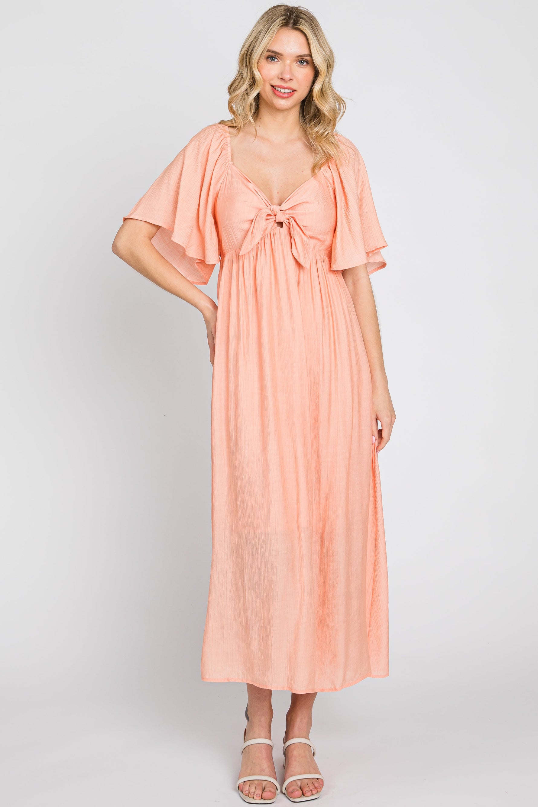 Peach Front Tie Ruffle Sleeve Maternity Midi Dress by PinkBlush at Everetts Place