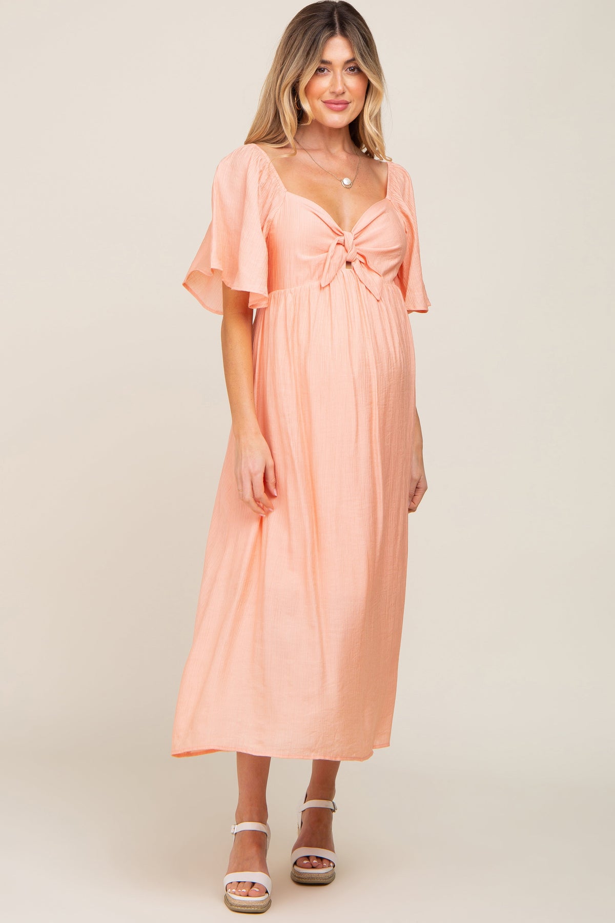 Peach Front Tie Ruffle Sleeve Maternity Midi Dress by PinkBlush at Everetts Place
