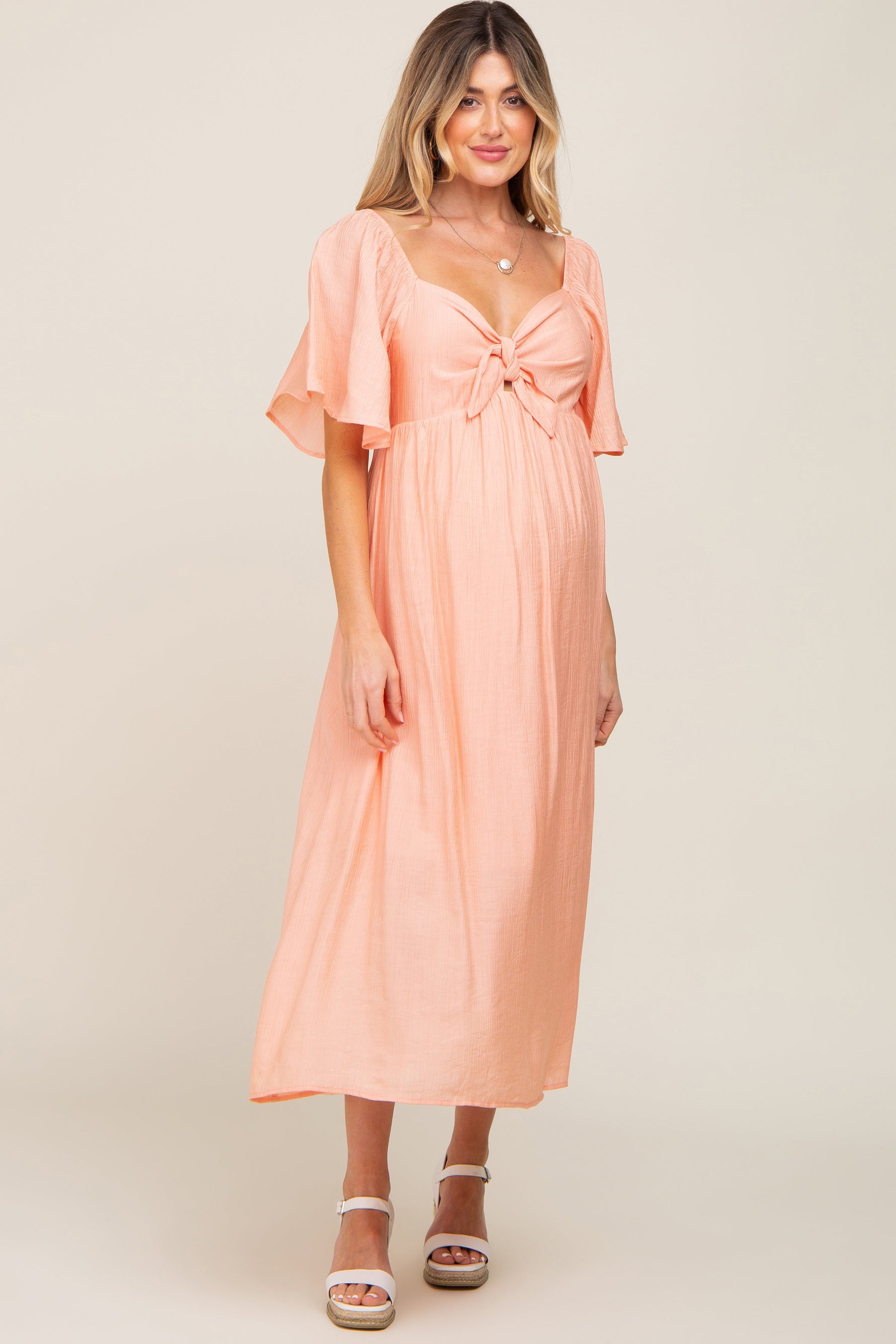 Peach Front Tie Ruffle Sleeve Maternity Midi Dress by PinkBlush at Everetts Place